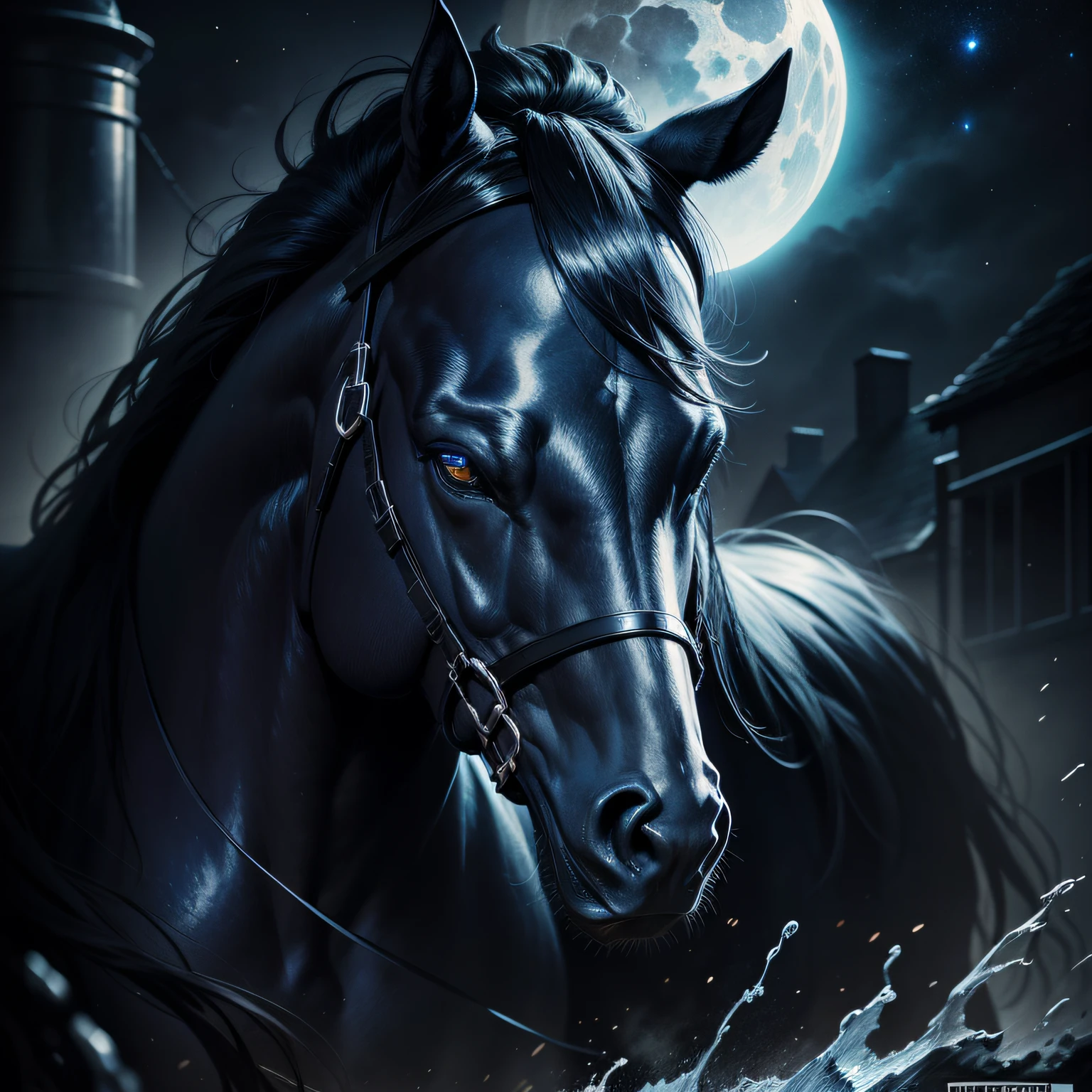 super realistic, stary night blue black Nightmare Steed, splash arts, aesthetic for Tshirt design, highly detailed, darktone