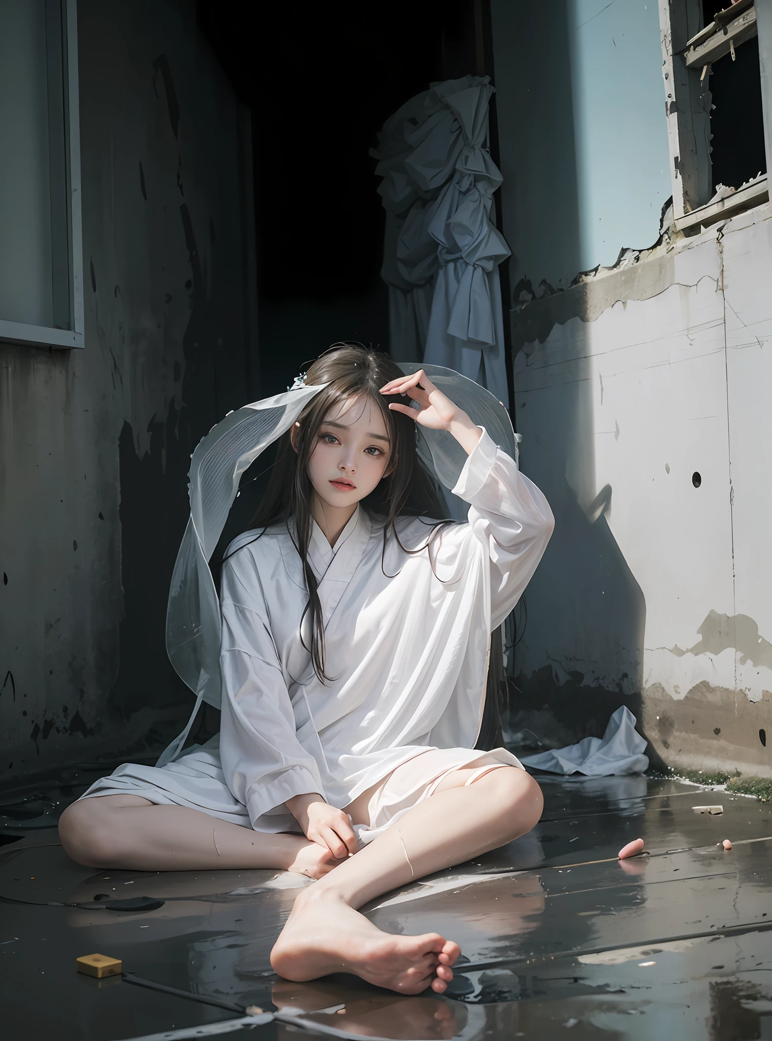 Sitting in the middle of an abandoned 3D rendered men's toilet,Devastated,Broken doors and windows,The ground is a mess,junk,junk,junk,Transparent Hanfu,Cloudy white liquid covering,facing at camera,Exquisite and perfect facial features,Long eyelashes,The eyes are sweet and there are lying silkworms,Delicate and perfect human body structure,s the perfect face,Extreme picture quality,Highest accuracy,Barefoot,Spread your legs,junk,Greasy,Sweat Wet,grimy,standing water,BDSM