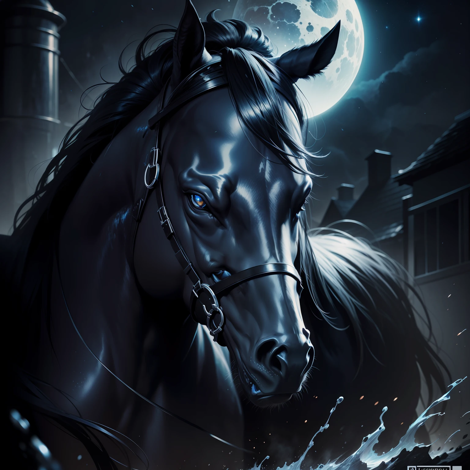 super realistic, stary night blue black Nightmare Steed, splash arts, aesthetic for Tshirt design, highly detailed, darktone