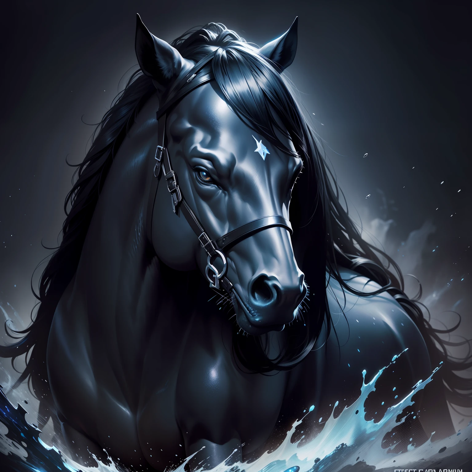 super realistic, stary night blue black Nightmare Steed, splash arts, aesthetic for Tshirt design, highly detailed, darktone