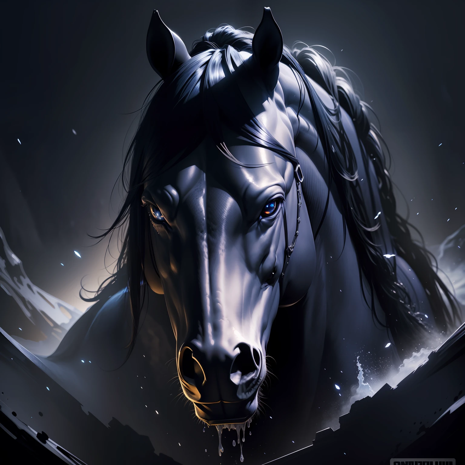 super realistic, stary night blue black Nightmare Steed, splash arts, aesthetic for Tshirt design, highly detailed, darktone