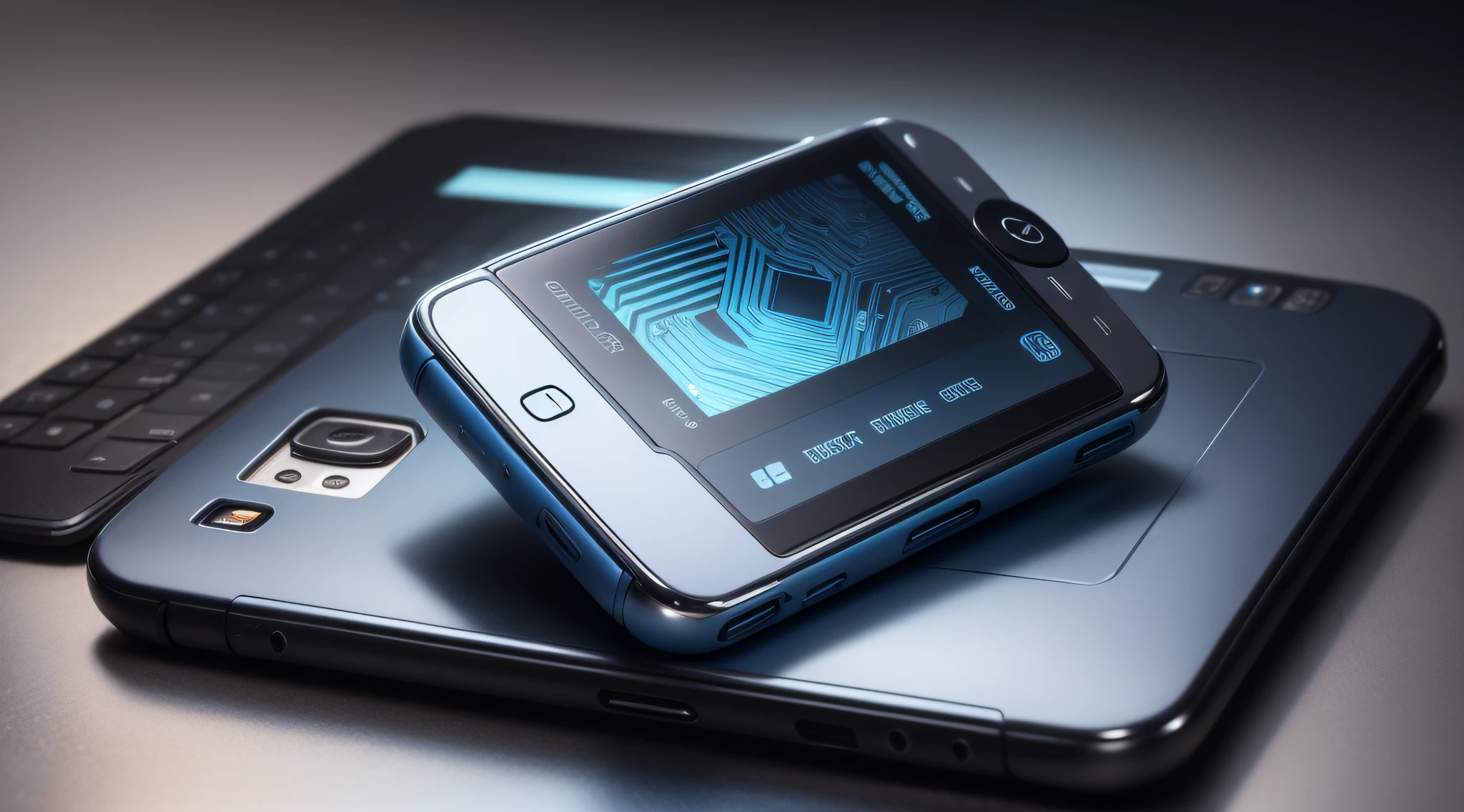 Different small device resembling cell phone screen for mining blue and silver cryptocurrencies wrapping futro with various detailed items
