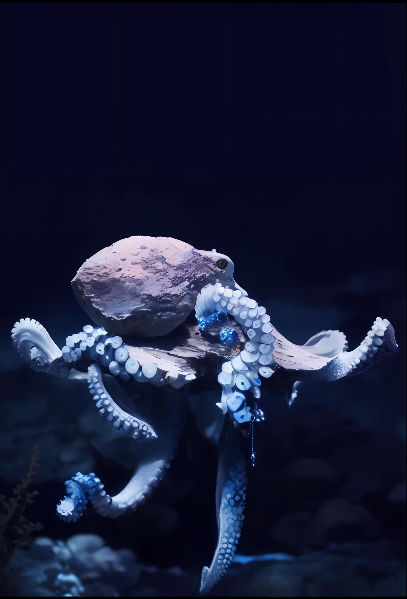 Polvo ultra realista em cima de uma lancha naufragada no fundo do mar, lancha branca prata e azul, with a treasure chest full of diamonds, pearls and bright white shells, ultra realista 8k