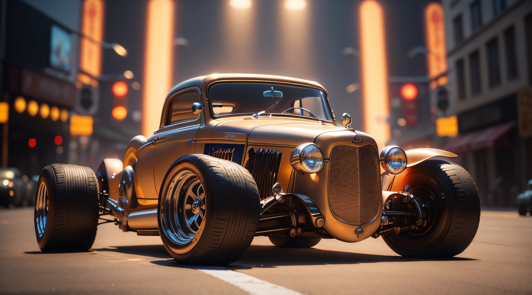 (masterpiece), best quality, cute and adorable 3D render toy art (((1hot rod automobile))) on a round metallic stage, full body in corner pose, fronting the viewer, glowing lights, beautiful bodywork, puffy tires, dazzling composition, vivid colors, 3D city in background, in cartoon style, 3D animation style, Pixar, Dreamworks, Artstation, natural lighting, cinematic, global illuminationhighly detailed, digital illustration,cell shadow,art by Chip Foose,Vray Tracing, DSLR, 8k