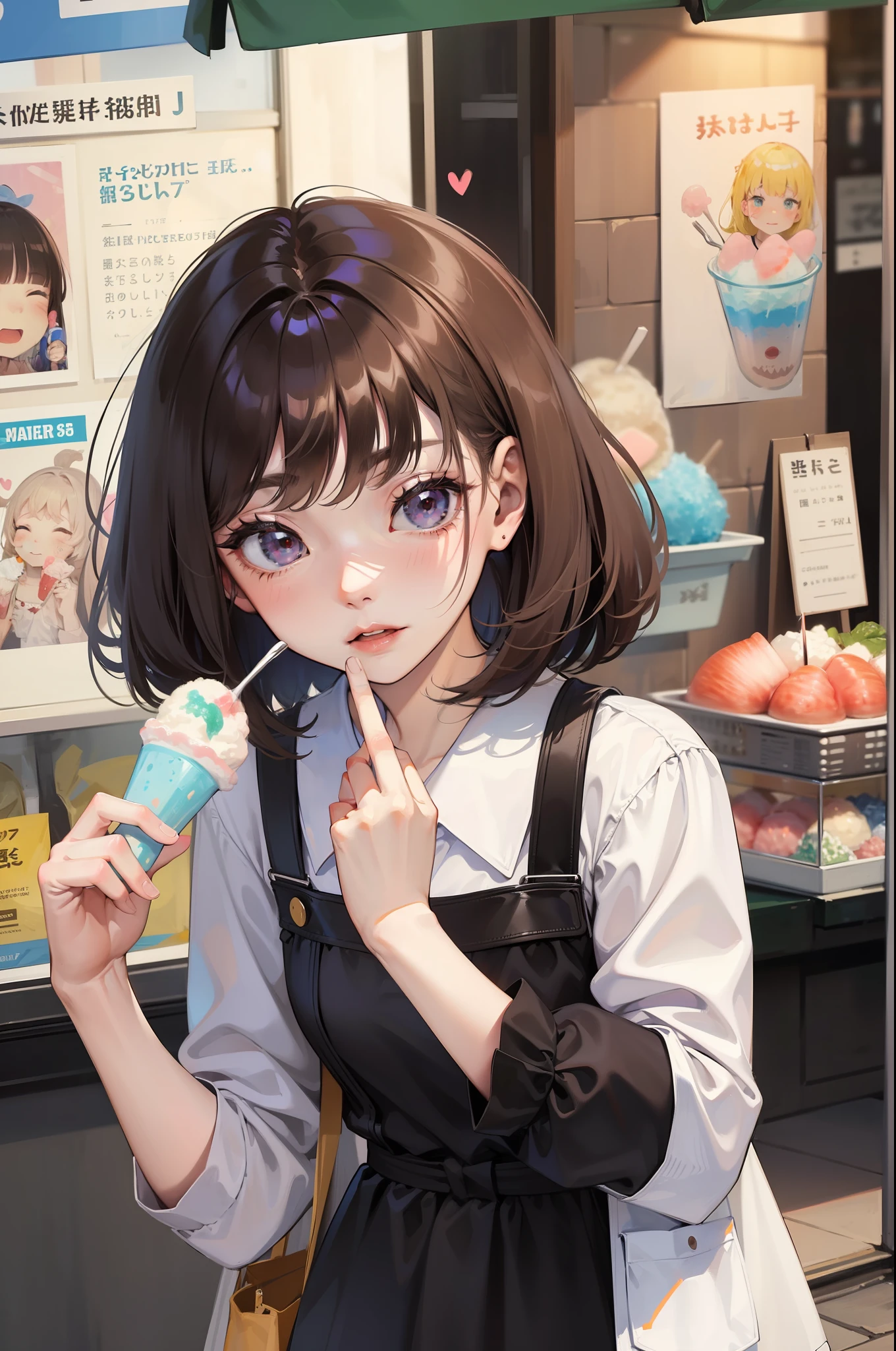 Female teacher showing panties with embarrassed face、omatsuri、Holding a shaved ice in your hand and chewing a spoon、