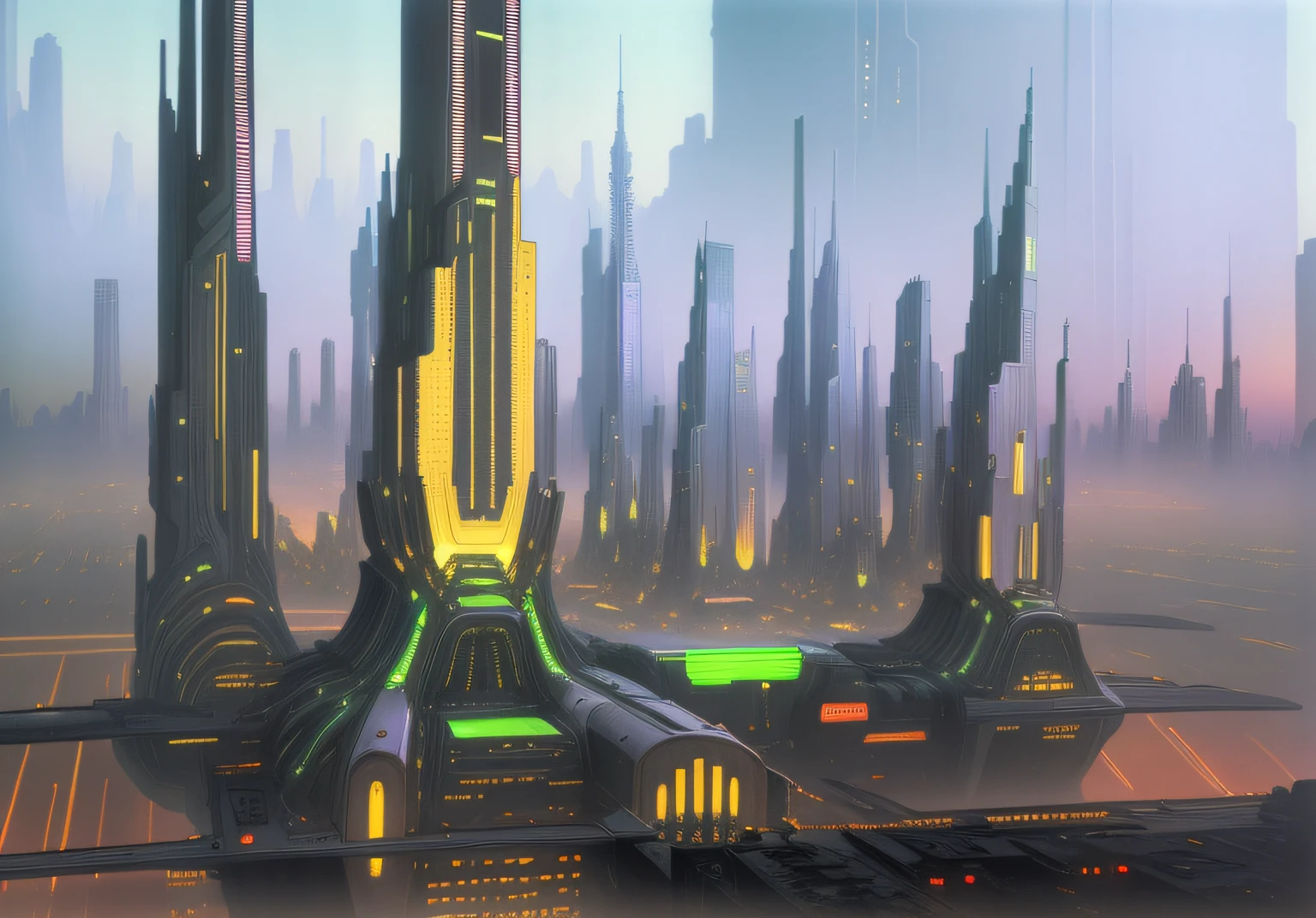 style of Hugh Ferriss, establishing shot of futuristic city by night, with neon lights,