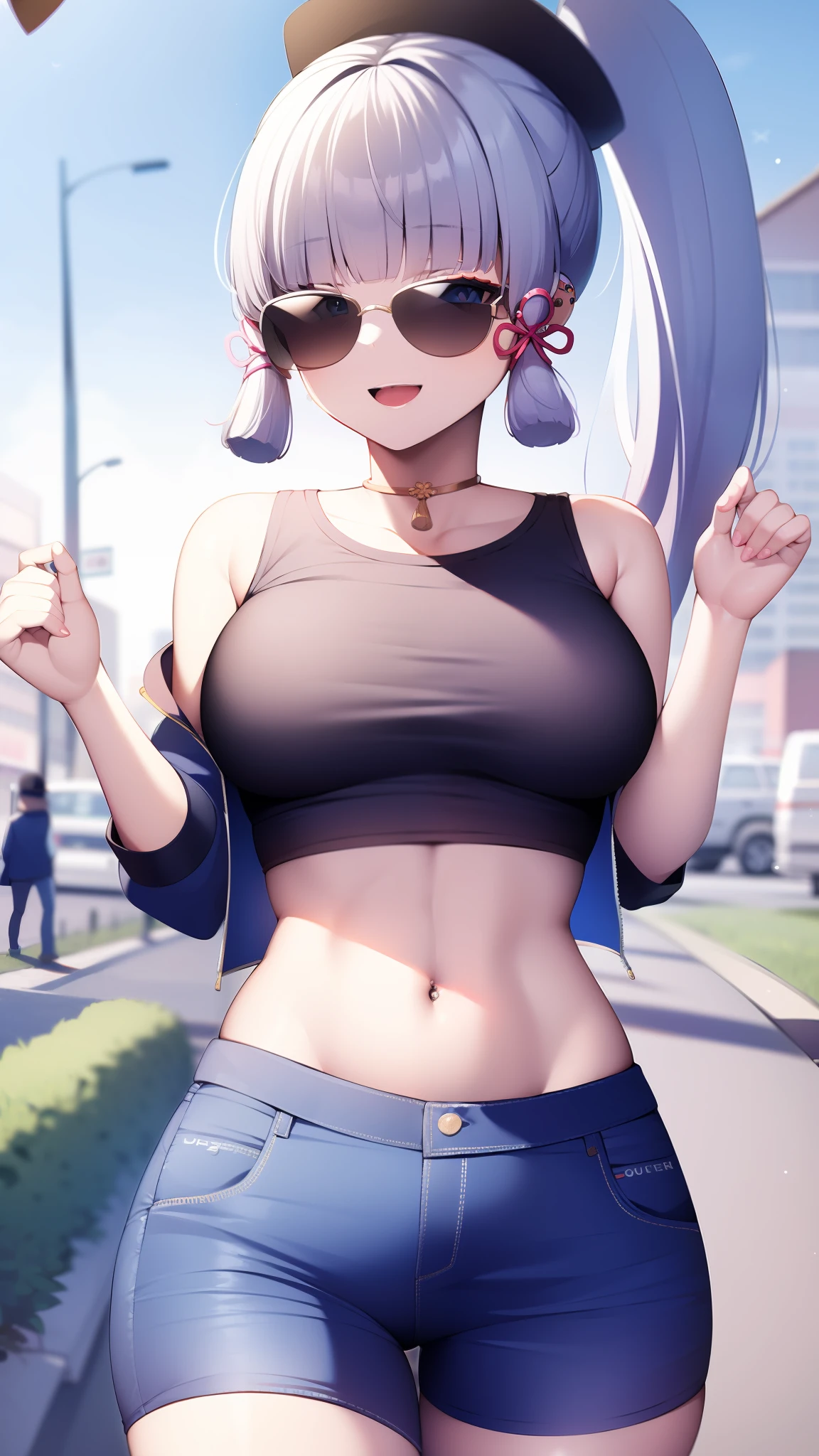 (masterpiece, best quality, ultra-detailed, illustration), genshin impact, kamisato_ayaka, 1girl, solo, hip hop hat ,cowboy shot, ponytail, blunt bangs, blue eyes, evil smile, open mouth, eyebrows visible through hair, long hair, silver hair, ear piercing, looking at viewer, outoors, city road, on the road, medium breasts, short jeans, crop top, cool jacket, stocking, hip hop, sexy pose, text on shirt, shorts, ear piercing, sun glasses, buble gum on mouth,