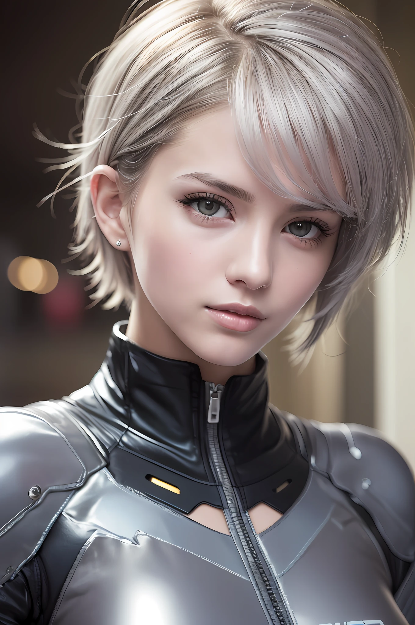 (8k, photorealistic, RAW photo, top quality: 1.4), (1girl), super beautiful, (realistic face), (boyish, silver-colored berry short hair), beautiful cyberpunk suit, glares seducing viewer, beautiful expression, beautiful breasts, (realistic skin), beautiful smile, (soldier), attractive, ultra high resolution, ultra realistic, high definition, spoiled