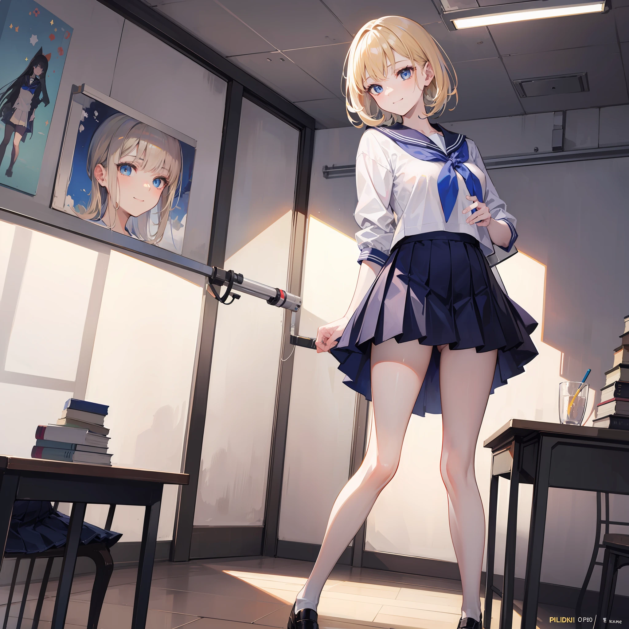 (Unbeatable masterpiece,Ultra-realistic 8K,Perfect artwork,Perfect female image,dramatic shadow,Ray traching),(spotlight lights,perfect litthing,detailedlight,dramatic shadow,Ray traching),(ren,shiny skins,A detailed face,Super idol face,Ultimate sophistication:1.2),Extreme sophistication from below,illustration,Classroom,1 girl,whaite hair,By bangs,naked leg,(校服),serafuku,(pleatedskirt),eBlue eyes,Seductive smile,ssmile,with short golden hair,sideface,