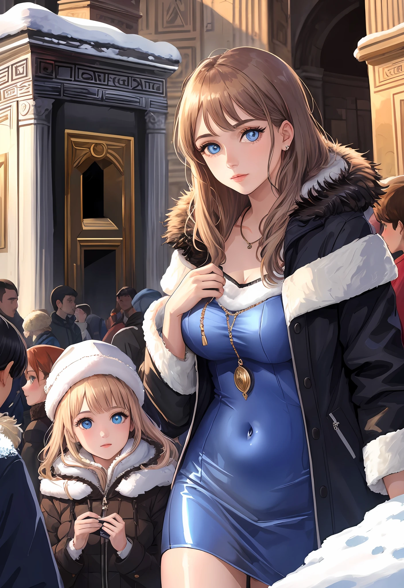 (Positive focus, Original photo), (2girls,duo,navel,Enter the Pantheon in Rome,crowd,winter,Snowy),Surrealistic Female Portraits by David Hockney and Alphonse Mucha, Fantasy art,Wear gorgeous furs, (Blue pupil: 1.4, shiny pupils: 1.4, Big eyes: 1.1), Photo fidelity, Dynamic lighting, Art Station, poster for, voluminetric lighting, Very detailed face, 4K, Award-winning, Shadows, understated, (official outfit: 1.4, Gorgeous fur, Complex clothing, Furs), Looking at the camera, Bust Up Shot, (Realistic face)),