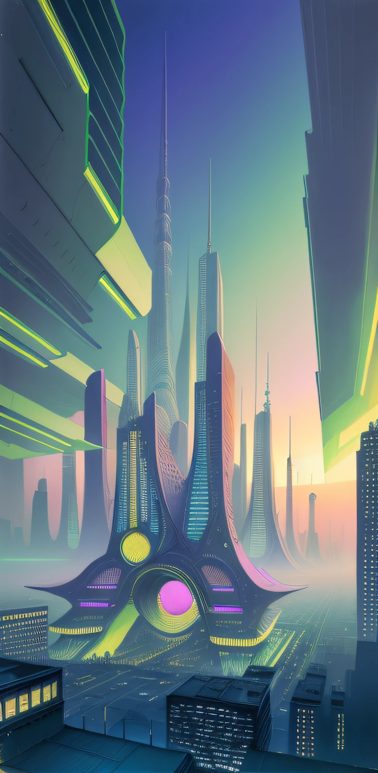 estilo de Hugh Ferriss, Estableciendo una toma de ciudad futurista por la noche, with neon lights,