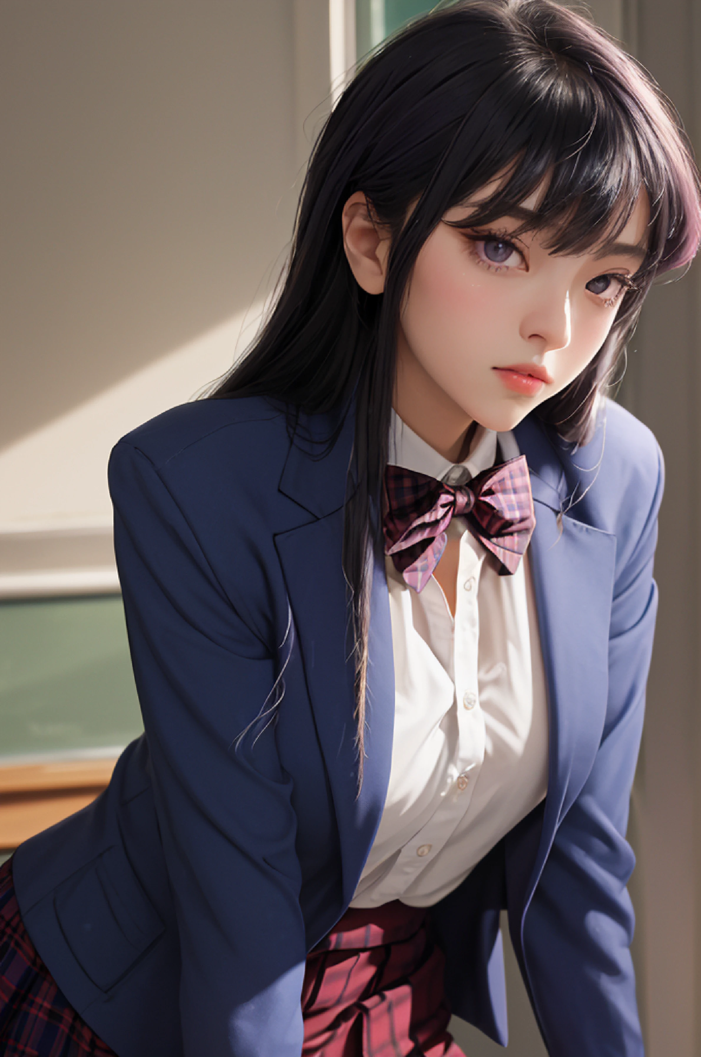 4k, raw camera, highres, masterpiece, portrait, aesthetic, beautiful, best quality, highly detaile, best quality clothing, aesthetic clothings, professional angle, rule of thirds, Feminine, delicate, beautiful, 19 years, attractive, solo, 1 girl, ((Shouko Komi)), komi-san wa komyushou desu , (In the Classroom), (Upper body), ((From Front, From Down)), (students in the background), ((Very shy)), (Long Hair, purple Hair, Very Straight Hair, - Hair, - in hair), (Open Eyes, black Eyes, Black Eyelinerin Eyes, expressionlesz gaze), Soft skin, (Blushed), ((Standing, Leaning forward)), - , - , - , (closed mouth, - Mouth), (Natural Lips), (Average Bust), ((hands in heart)), (School White Shirt, blue blazer - , - Shirt, Skirt red and blue Plaid, black pantyhouse, Red bowtie, stripped bow, Clothing), (V Neckline), beautiful body, beautiful eyes, shiny eyes, shiny hair, beautiful mouth, beautiful lips, beautiful face