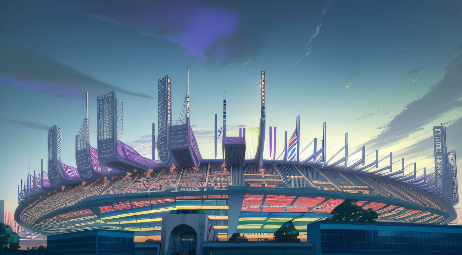 estilo de Hugh Ferriss, vista exterior de estadio de futbol futurista, por la noche, with neon lights,