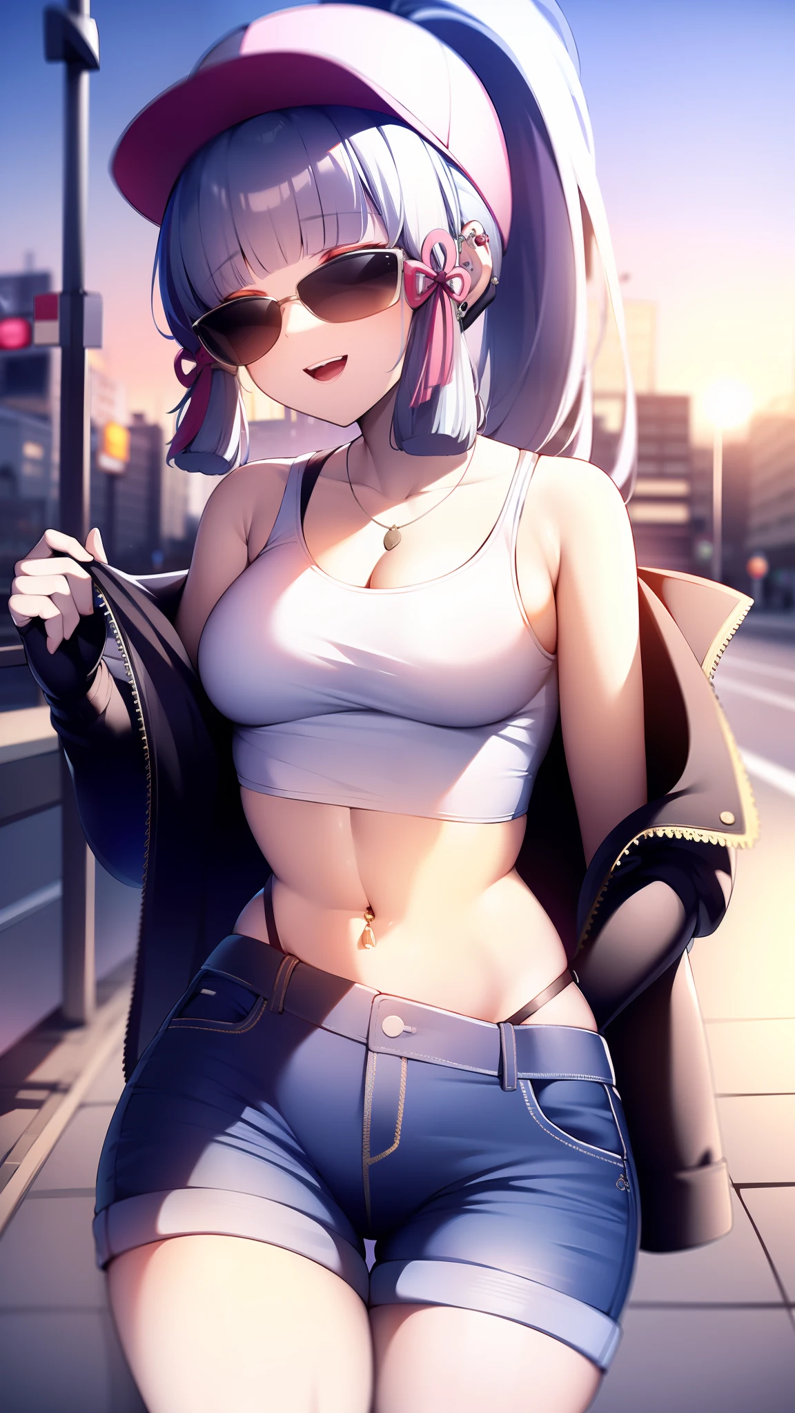 (masterpiece, best quality, ultra-detailed, illustration), genshin impact, kamisato_ayaka, 1girl, solo, hip hop hat ,cowboy shot, ponytail, blunt bangs, blue eyes, evil smile, open mouth, eyebrows visible through hair, long hair, silver hair, ear piercing, looking at viewer, outoors, city road, on the road, medium breasts, short jeans, crop top, cool jacket, stocking, hip hop, sexy pose, text on shirt, shorts, ear piercing, sun glasses, buble gum on mouth, black gloves,