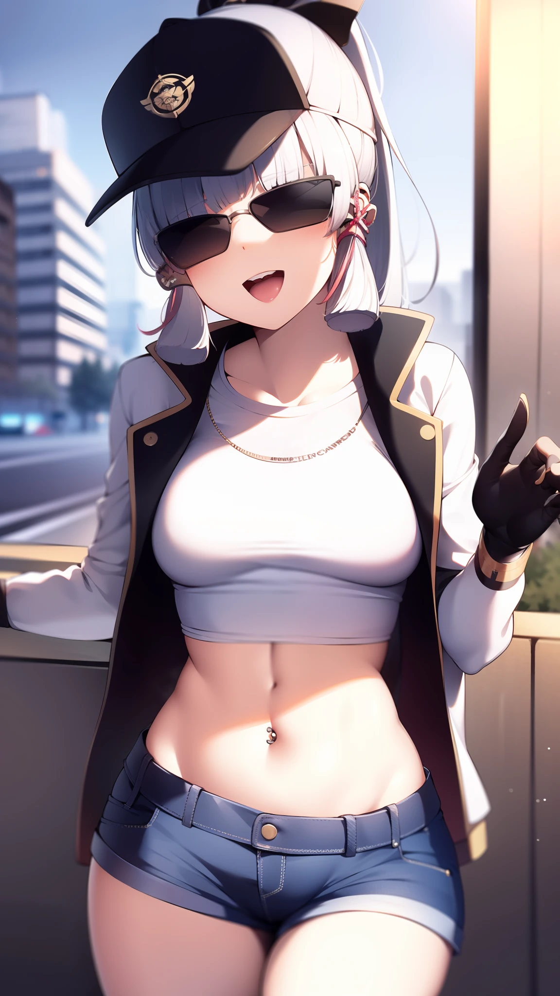 (masterpiece, best quality, ultra-detailed, illustration), genshin impact, kamisato_ayaka, 1girl, solo, hip hop hat ,cowboy shot, ponytail, blunt bangs, blue eyes, evil smile, open mouth, eyebrows visible through hair, long hair, silver hair, ear piercing, looking at viewer, outoors, city road, on the road, medium , short jeans, crop top, cool jacket, stocking, hip hop, sexy po text on shirt, shorts, ear piercing, sun glasses, buble gum on mouth, black gloves,