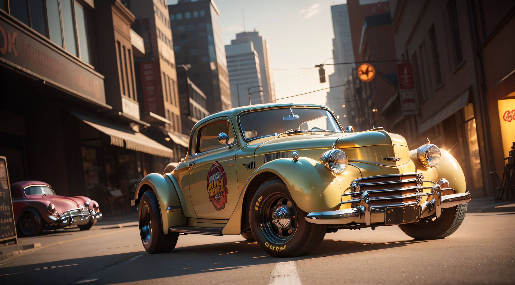 (masterpiece), best quality, cute and adorable 3D render toy art (((1hot rod automobile))) on a round metallic stage, full body in corner pose, fronting the viewer, glowing lights, beautiful bodywork, puffy tires, dazzling composition, vivid colors, 3D city in background, in cartoon style, 3D animation style, Pixar, Dreamworks, Artstation, natural lighting, cinematic, global illuminationhighly detailed, digital illustration,cell shadow,art by Chip Foose,Vray Tracing, DSLR, 8k