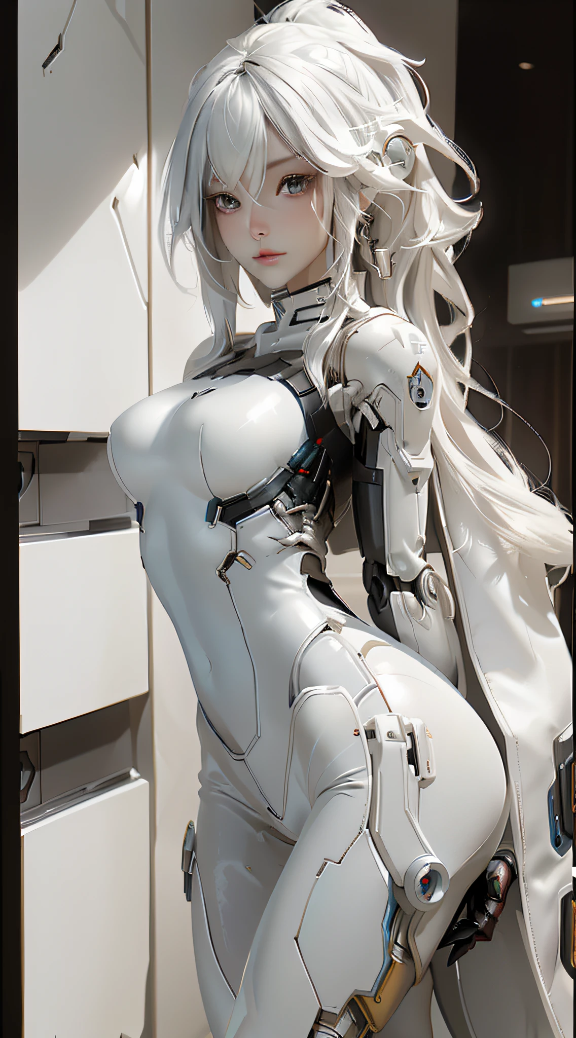 Extremely cute human eighteen year old girl face, human torso, human huge boobs, human abdomen, human hips, robotic arms, mechanical legs, arms and legs with hard white shiny shell and black joints, very beautiful and feminine, short, petite, small, small, busty buttocks, medium bust, cleavage display, flat belly display, partial helmet with antenna on the ear, black robot joints, very stylish, award-winning product design, black rubber tights, Shiny white metal cuirass opens at cleavage and belly, white metal rump with folds, armor with stylish, glowing trim, mecha fox tail