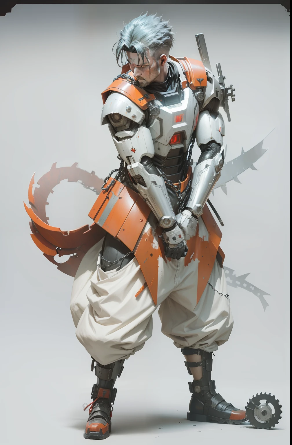 Dark_Fantasy,Cyberpunk,(chain saw,chain saw man,Red:1.1),1man,Mechanical marvel,Robotic presence,Cybernetic guardian, wearing a worn-out mech suit, intricate, (steel metal [rusty]), elegant, clear focus, shot by greg rutkowski, soft lighting, vibrant colors, masterpiece, ((street)), cowboy shot, dynamic pose,