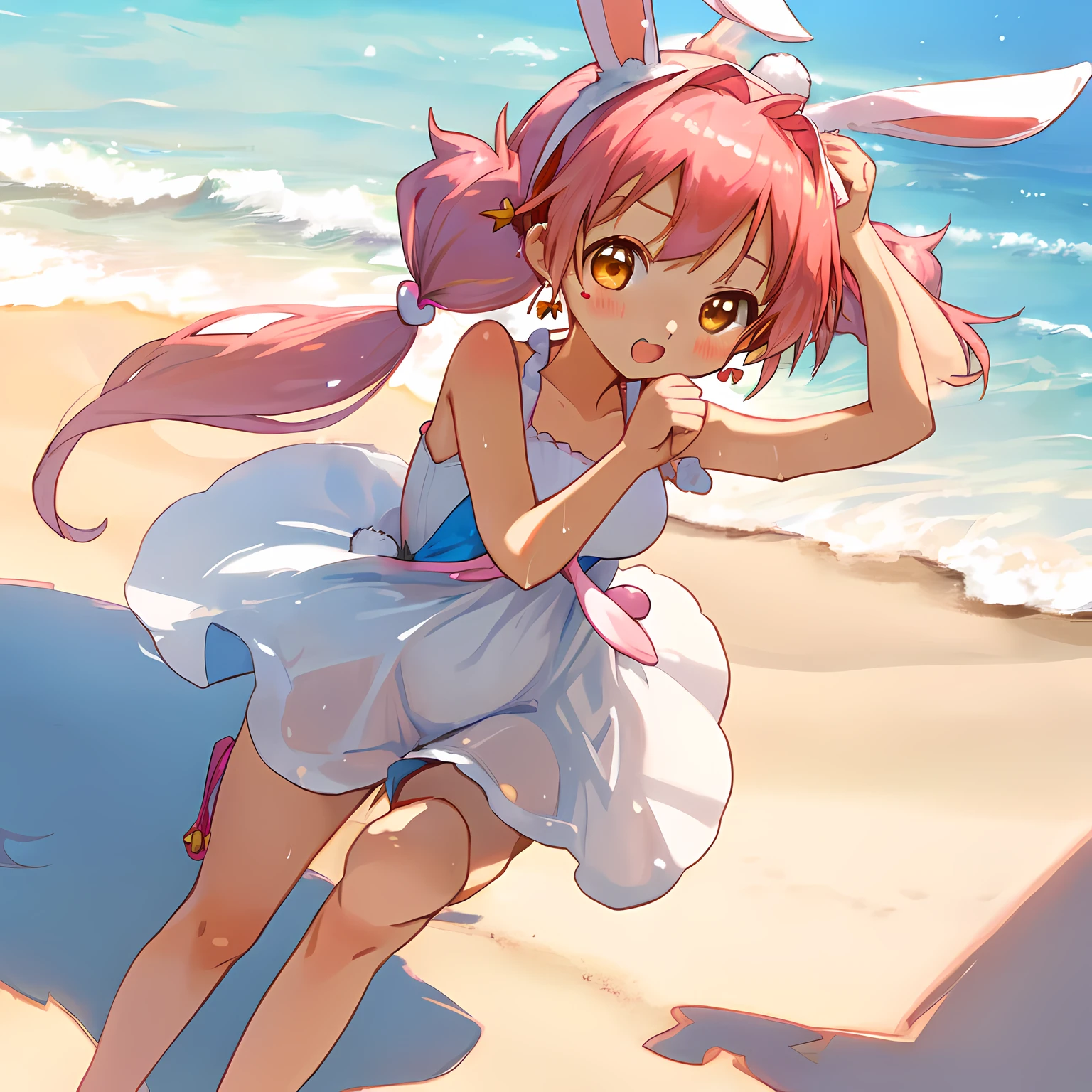 (Highly detailed CG Unity 8k wallpaper), (Best Quality), (Super Detail), (Best Illustration), (Best Shadow), POV, Realistic lighting and shading, Natural light, Lens flare effect,

 BREAK, 1 beautiful girl, Solo,(Cute:1.5),(Chibi:0.8), (kawaii:1.5),(:0.5),
((girl, Cute, Graceful, Lolie)) ,(medium breasts),(Orange Eyes:1.2),(A pink-haired,short twintails,tareme:1.2), gleaming skin,Stuffed rabbit,

BREAK,(Rabbit ear headband:1.5),(Wet Casual Beachwear:1.2), (lightweight summer one-piece dress:1.2), (a straw fedora hat:1.0), (flipflops:1.0), (Earrings in the shape of a moon:1.1), (Lace headband:1.0), (Cute Accessories:1.3), (self-satisfied look,Big hilarity,:1.1), (Raise your right fist above your head, Both legs are spread:1.3), (Beach background:1.3), (Hugging watermelons:1.1),

 BREAK,🌇,
