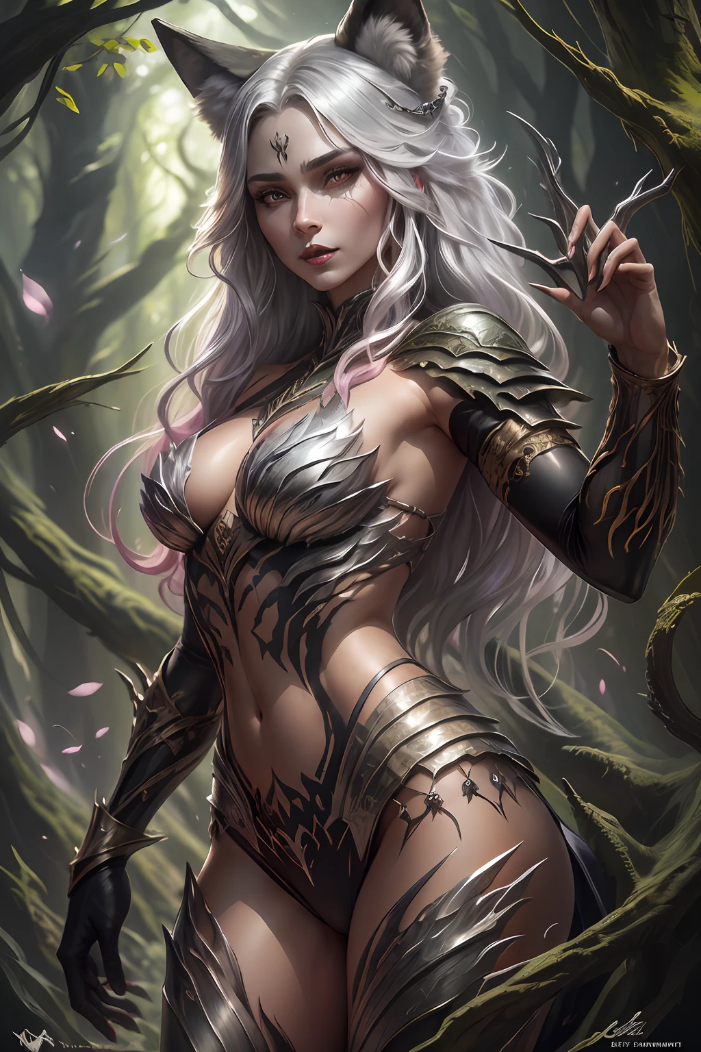 female body wolf, purple fur, long silver claws, arms outstretched, howl humain face, black skin, pink eyes, pink lips, prominent silver canine --auto --s2