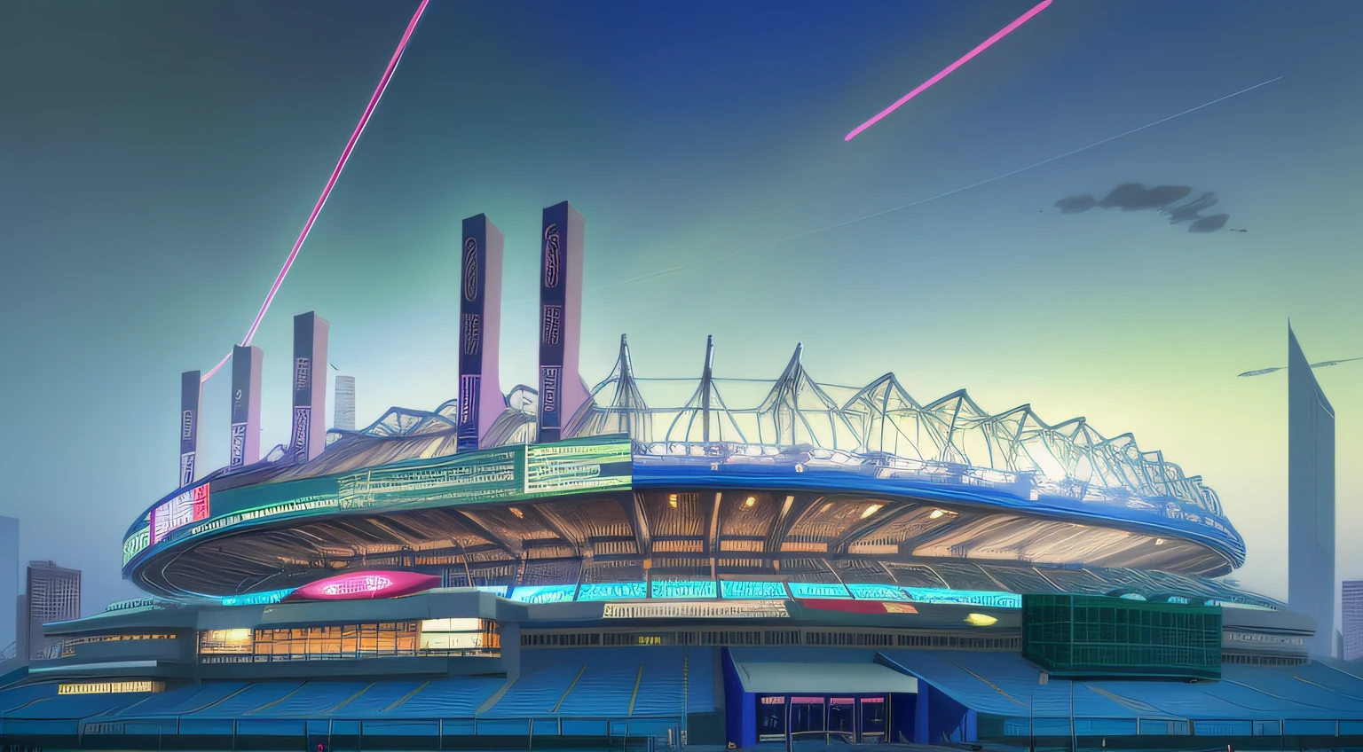 estilo de Hugh Ferriss, vista exterior de estadio de futbol futurista, por la noche, with neon lights,