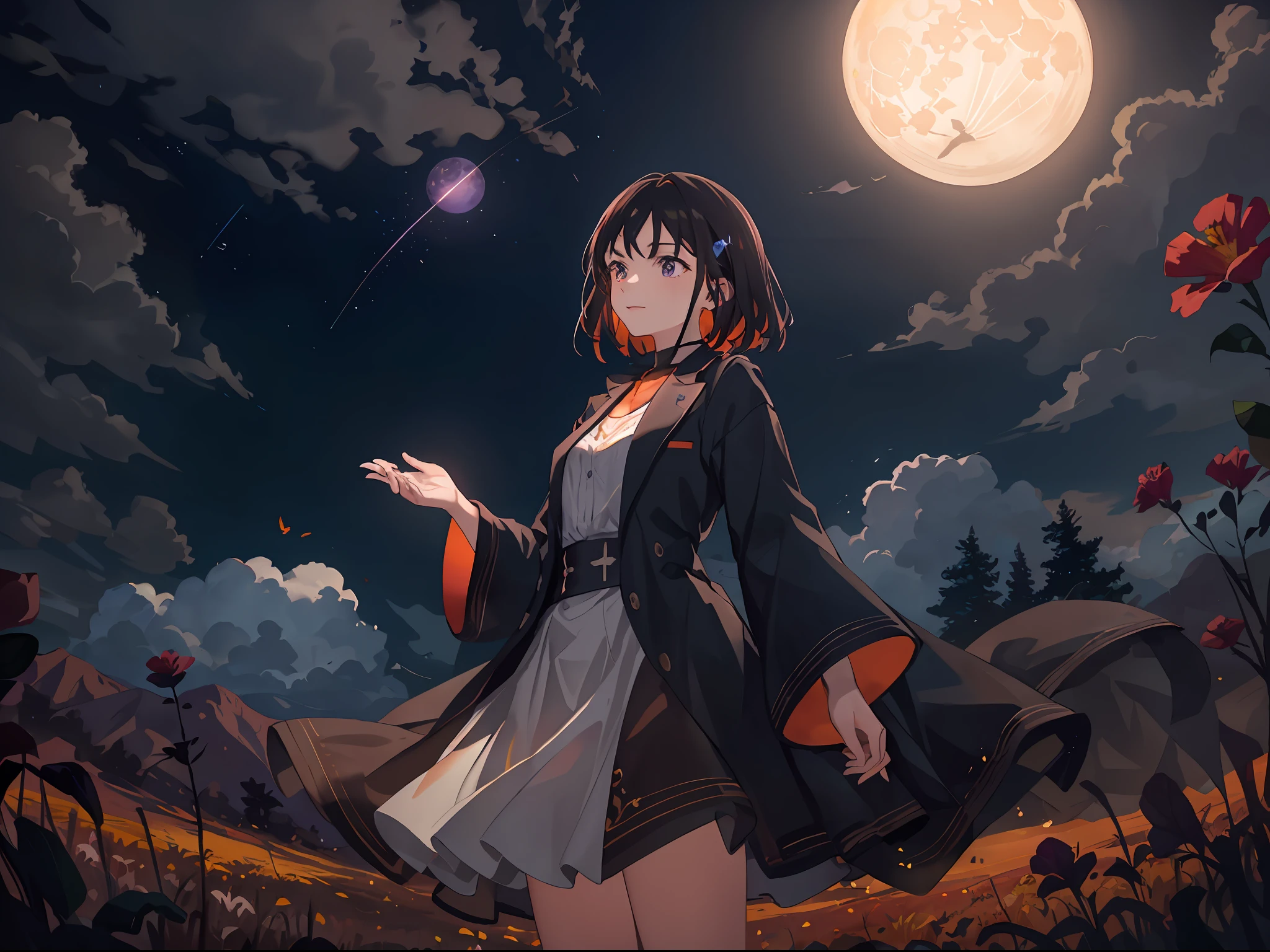 A wide landscape photo, (viewed from below, the sky is above, and the open field is below), a girl standing on a flower field looking up, (full moon: 1.2), (meteor: 0.9), (nebula: 1.3), distant mountains , Trees BREAK Crafting Art, (Warm Light: 1.2), (Firefly: 1.2), Lights, Lots of Purple and Orange, Intricate Details, Volumetric Lighting BREAK (Masterpiece: 1.2), (Best Quality), 4k, Ultra Detailed, (Dynamic Composition: 1.4), Rich in Detail and Color, (Rainbow Color: 1.2), (Glow, Atmospheric Lighting), Dreamy, Magical, (Solo: 1.2)
