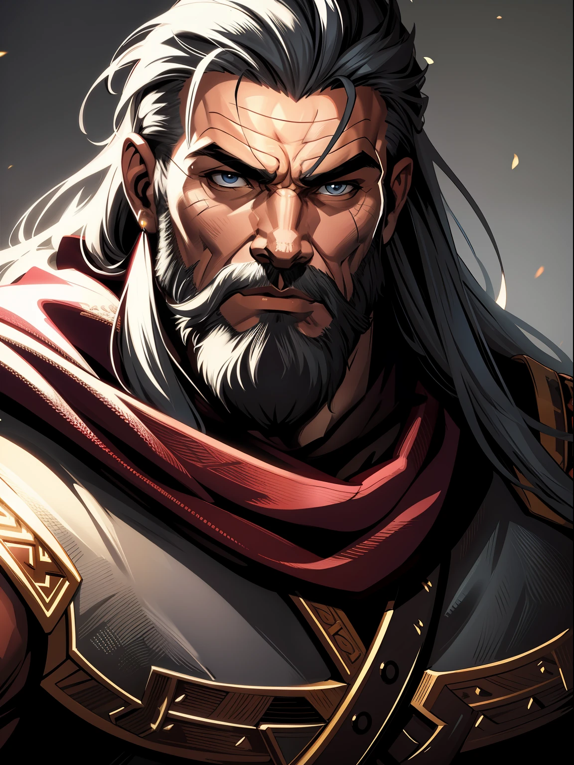 D&D drawing, a muscular viking man with a scarf in eye, expression serious, close-up intensity, masterpiece, best quality, ultra-detailed, cinematic beautiful lighting, intricate details, looking at viewer, depth of field-ar 2:3-s 200