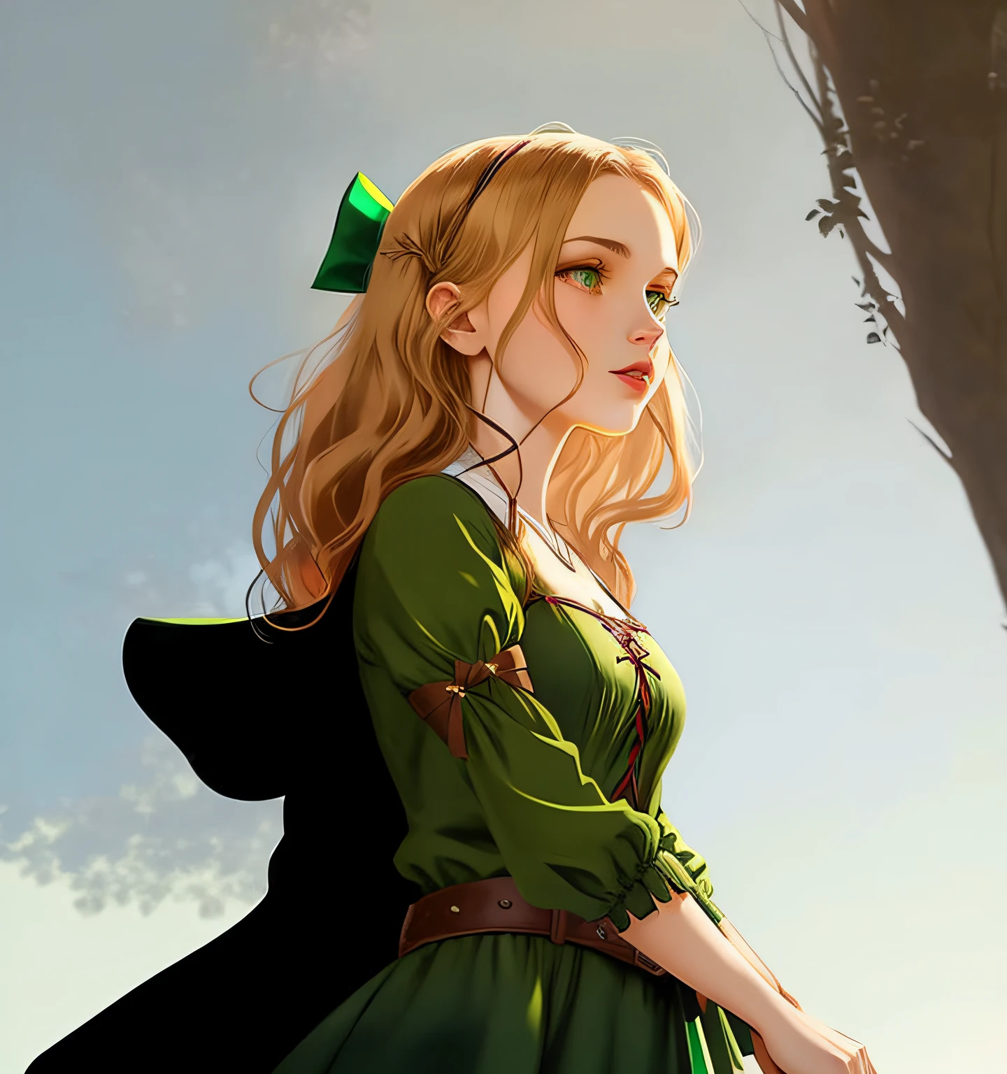 medieval girl in green dress with a bow and a belt