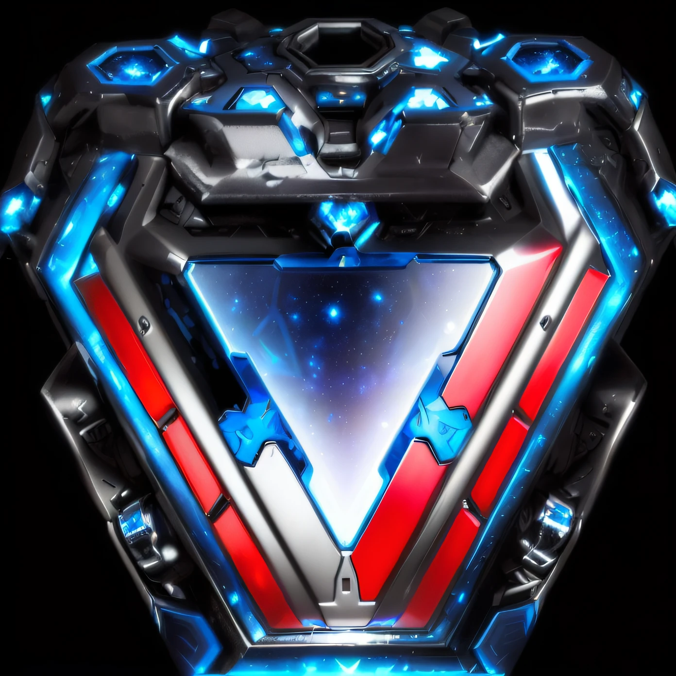 a closeup of a metal and blue emblem with a triangle, Capacete de armadura hexadecimal Nano, jewel, Voltron, medium close - up ( Mcu ), nova, Midgar, apex, octa 8k | |, vivid detail, A beautiful detailed orisha, EORA, Tx, Armadura refletida da cor do gelo da lasca, Foto de quadro completo, nonagon infinito, extremely high quality