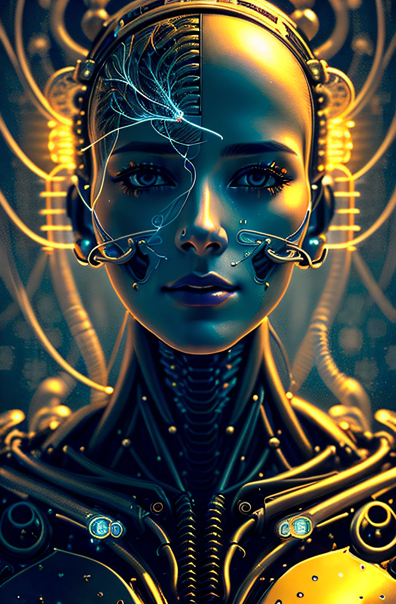 _complex 3d render ultra detailed of a beautiful porcelain profile woman android face, cyborg, robotic parts, 150 mm, beautiful studio soft light, rim light, vibrant details, luxurious cyberpunk, lace, hyperrealistic, anatomical, facial muscles, cable electric wires, microchip, elegant, beautiful background, octane render, H. R. Giger style, 8k, best quality, masterpiece, illustration, an extremely delicate and beautiful, extremely detailed , CG , unity , wallpaper, (realistic, photo-realistic:1. 37), Amazing, finely detail, masterpiece, best quality , official art, extremely detailed CG unity 8k wallpaper, absurdres, incredibly absurdres, robot, silver halmet, full body, sitting, (the most beautiful portrait in the world:1.5)