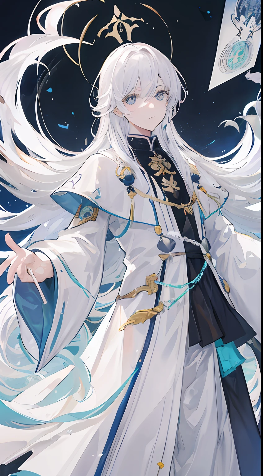 1Homem, cabelos castanhos, olhos negros afiados, long white tunic, Francisco Cândido Xavier, Make it like anime style tarot, mas sem moldura