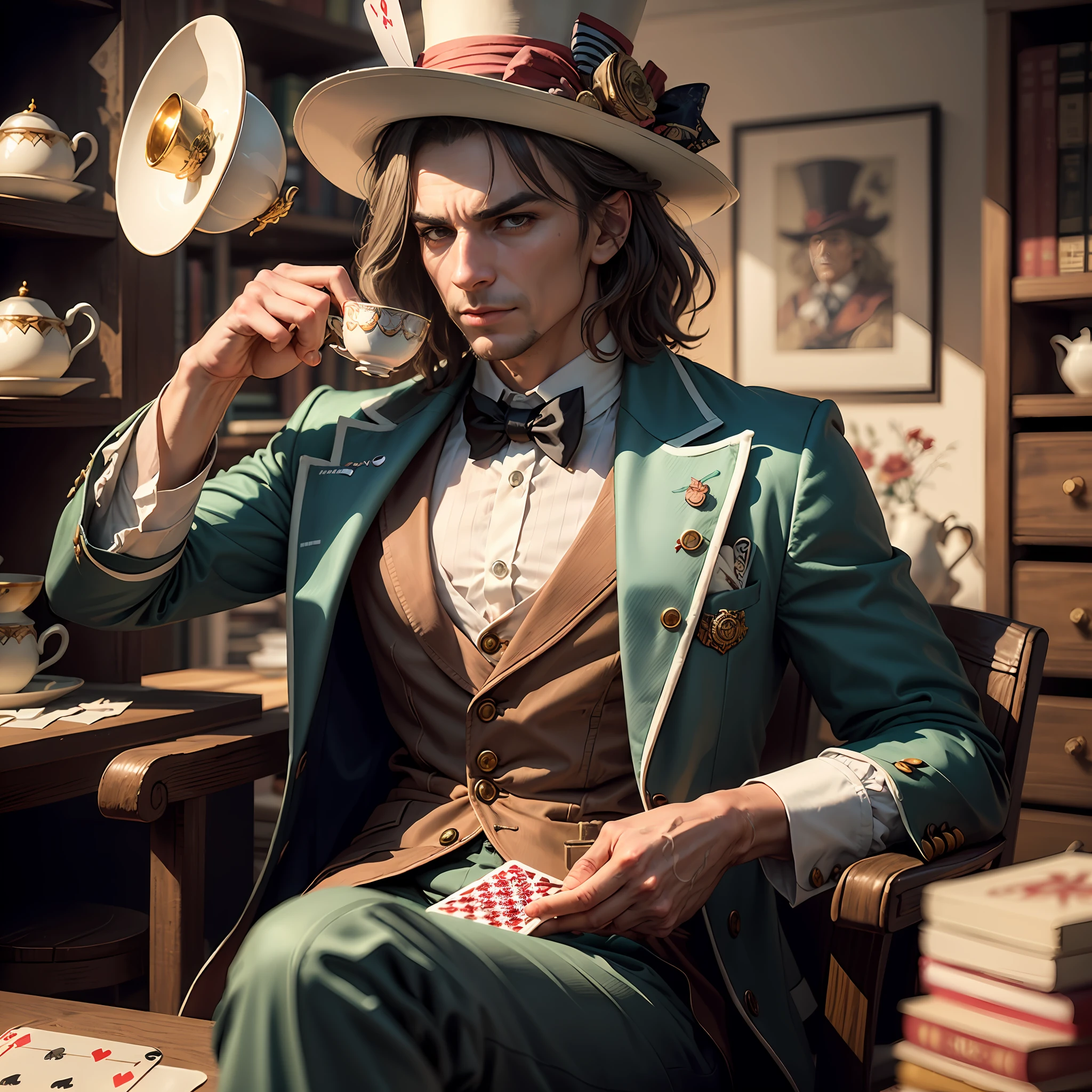 Produce an amusing image of a character inspired by the Mad Hatter, wearing a jacket adorned with playing cards and a hat with a teacup perched precariously on top, detailed fingers, detailed hands, detailed digits, highly detailed --auto