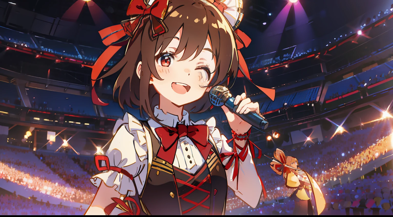One girl、Brown hair、One knot、Red ribbon on head、cute little、sings、microphone、stage、Idol costumes、bow ribbon、frilld、laugh、a smile、