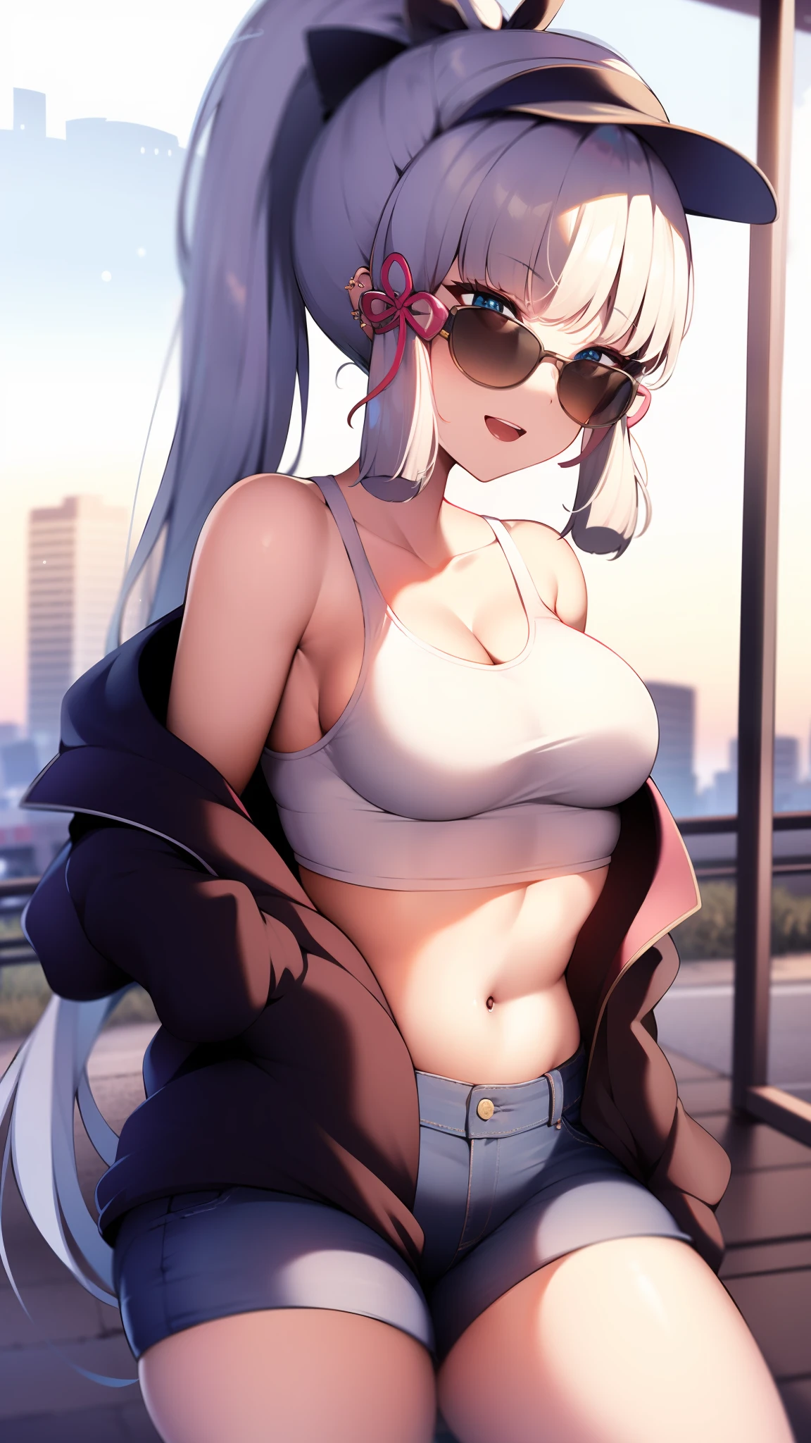 (masterpiece, best quality, ultra-detailed, illustration), genshin impact, kamisato_ayaka, 1girl, solo, hip hop hat ,cowboy shot, ponytail, blunt bangs, blue eyes, evil smile, open mouth, eyebrows visible through hair, long hair, silver hair, ear piercing, looking at viewer, outoors, city road, on the road, medium breasts, short jeans, crop top, cool jacket, stocking, hip hop, sexy pose, text on shirt, shorts, ear piercing, sun glasses, hightigh,