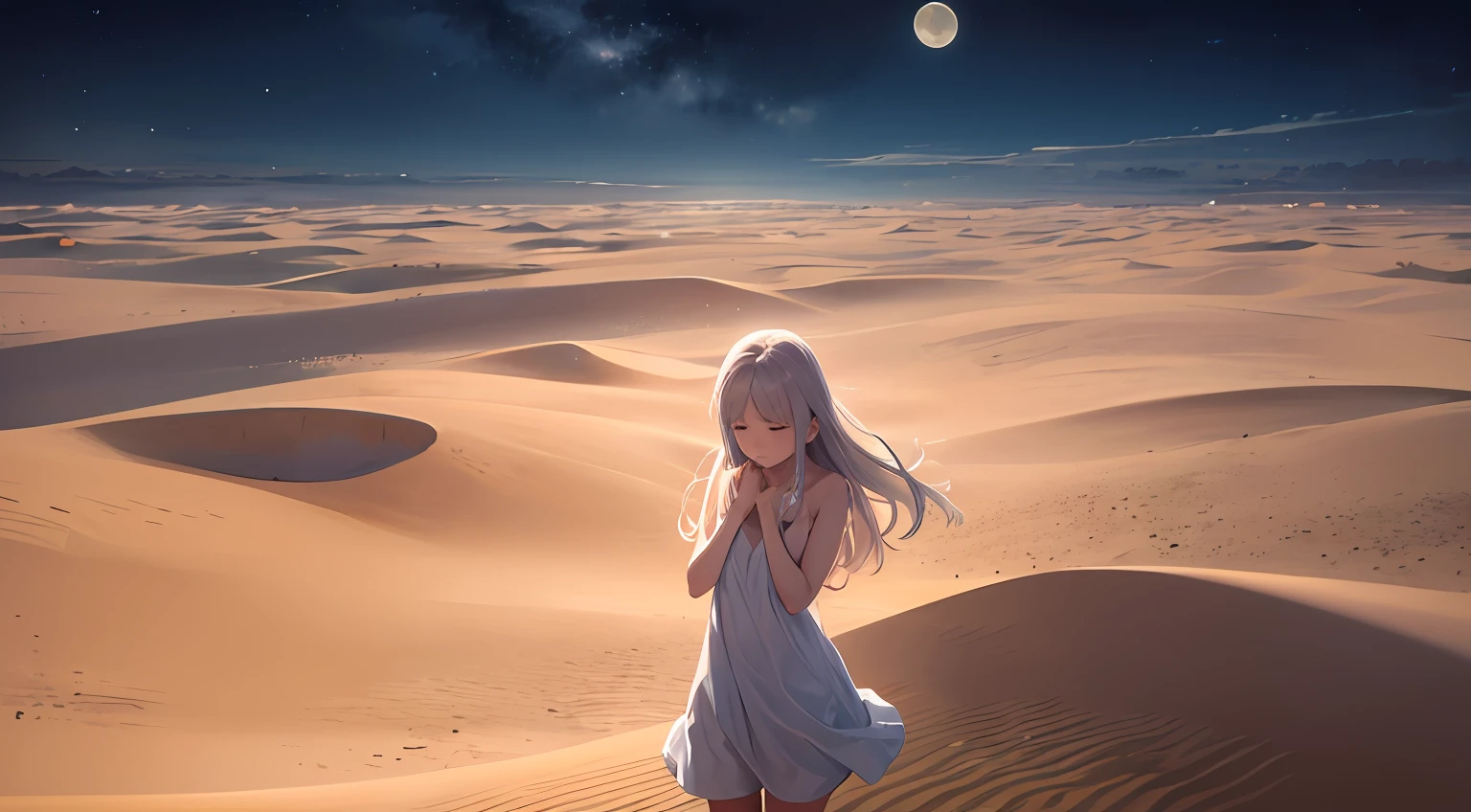 Landscape Photography(Seen from above、Empty below、)、Girl floating in the sky looks up(fullmoon:1.2)Silvery hair、White sleeveless long dress、Sad tears、Vast desert、Pose praying with hands in front of chest