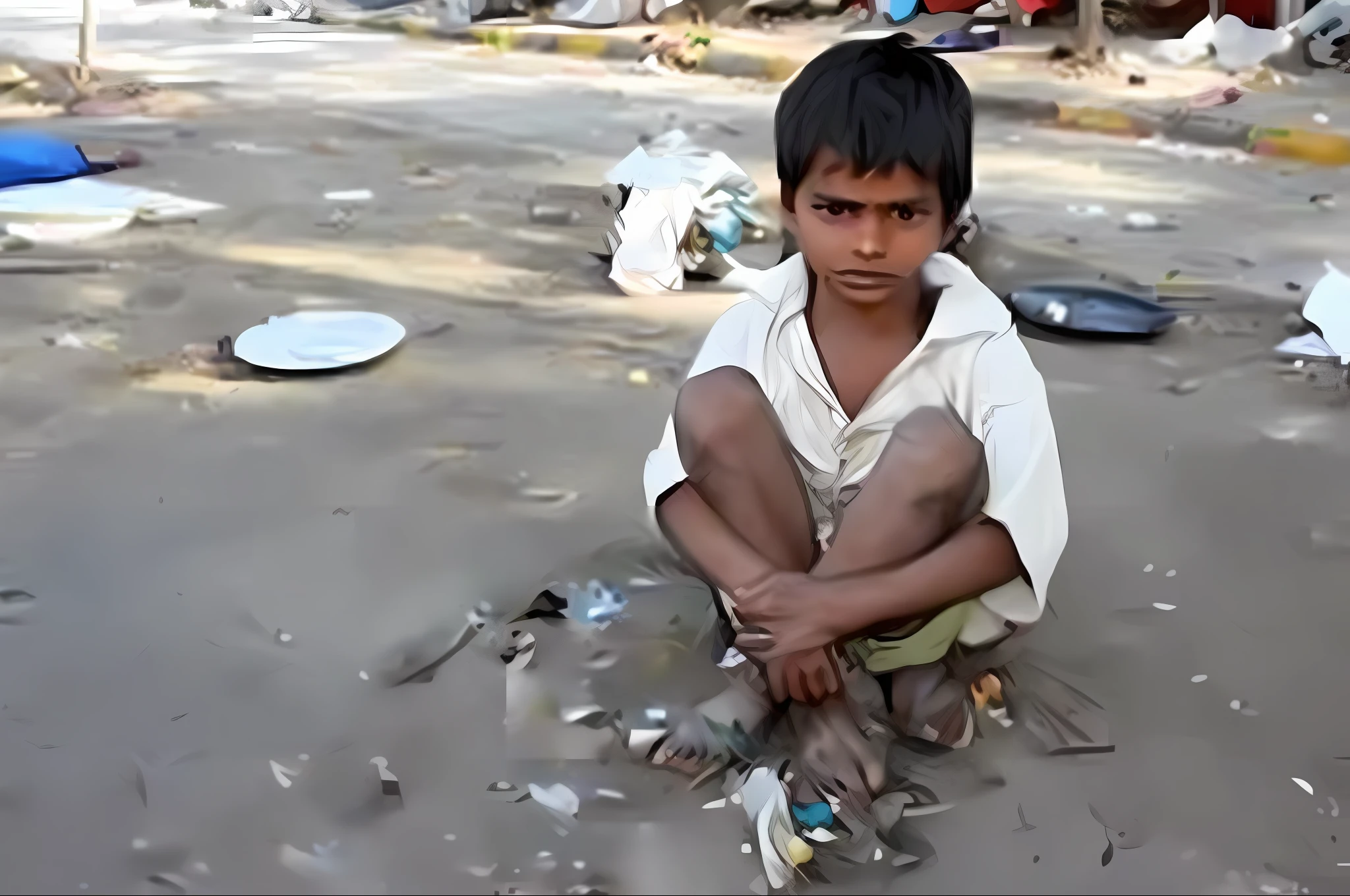 Boy sitting on the floor in front of a pile of garbage, pobreza, subdesenvolvido, indigente, implorando por esmolas, favela, muito ruim, Directed by: Bholekar Srihari, standing on a township street, Em uma rua indiana, Implorando, , muito triste, menino bonito, por jitish chamado, sitting on ground