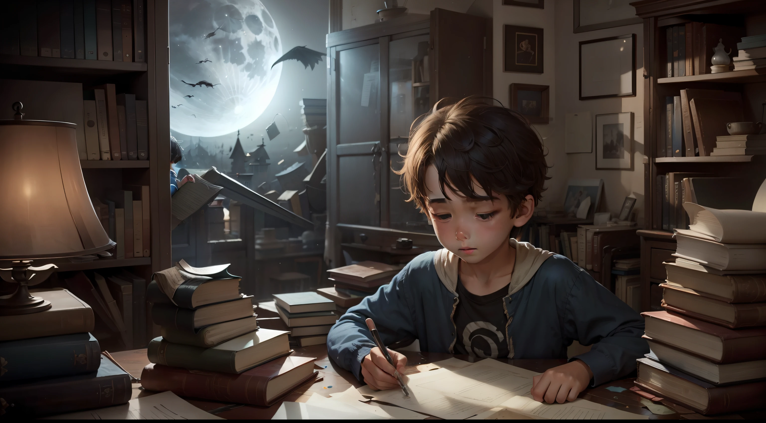 a boy in a messy room scattered books window moonlight