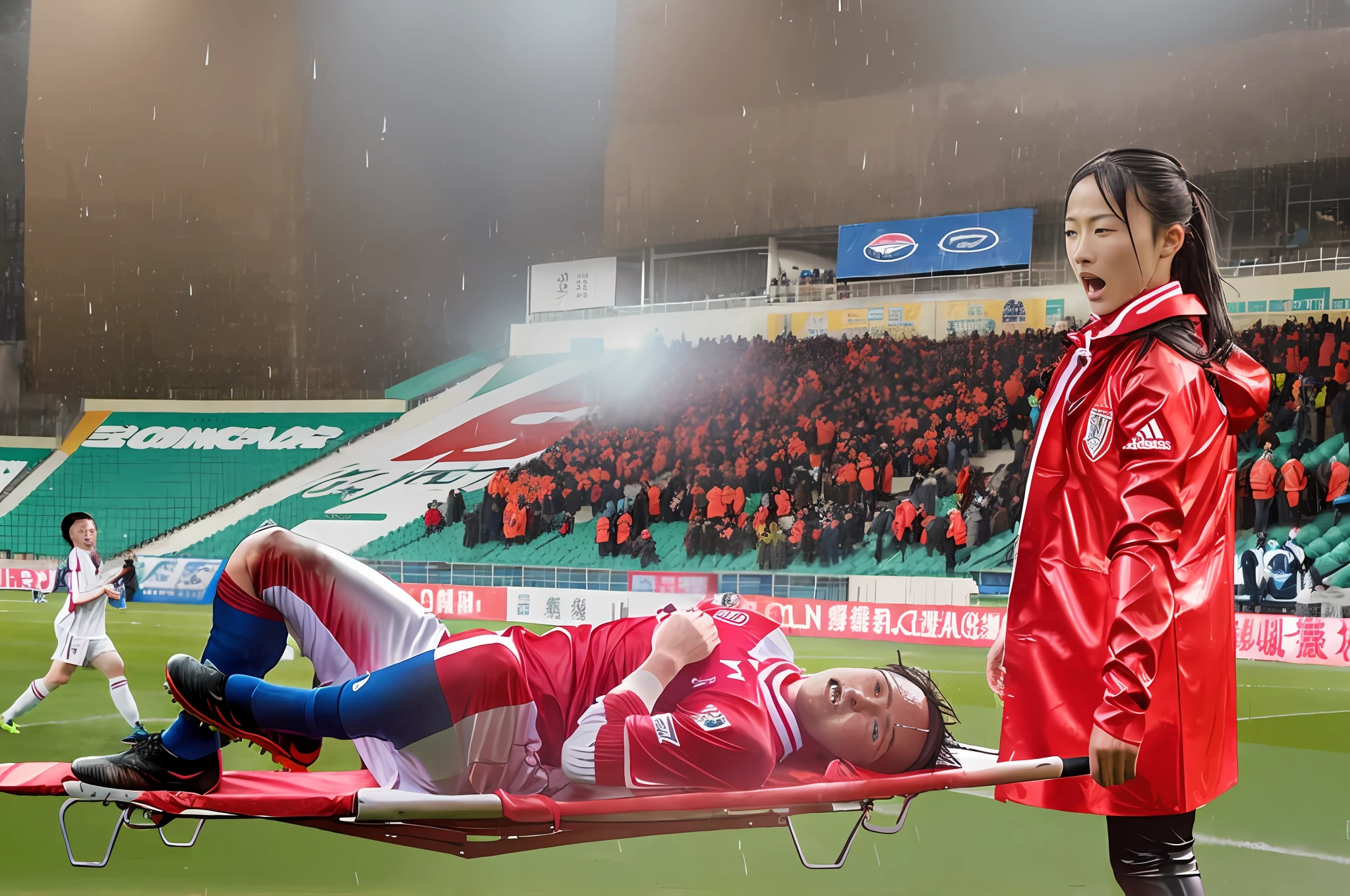a soccer scene in a chinese sports stadium, rainy weather, wet ground, rainfall, injury scene in a sports stadium, stretcher carry, there are two young schoolgirls in shiny leather-trousers carrying a stretcher, there are two longhaired schoolgirls in high-shine latex-leggings who are carrying a stretcher in a rainy sports stadium, there is a wounded male soccer player in a short sports outfit lying on the stretcher, an injured male soccer player is lying on his back on a stretcher and is grabbing his hurting leg with his hands, a soccer player is rearing up in intense pain while lying on his back on a stretcher and grabbing his injured leg with his hands, dramatic scene, theatralic posing scene, dramatic pity scene, injury soccer, first aid, help, pity, there are two very angry looking schoolgirls in shiny latex-trousers who are looking very sad and very terrified and very shocked, the injured soccer player is screaming out in pain while he is carried from the pitch on a stretcher through the rain