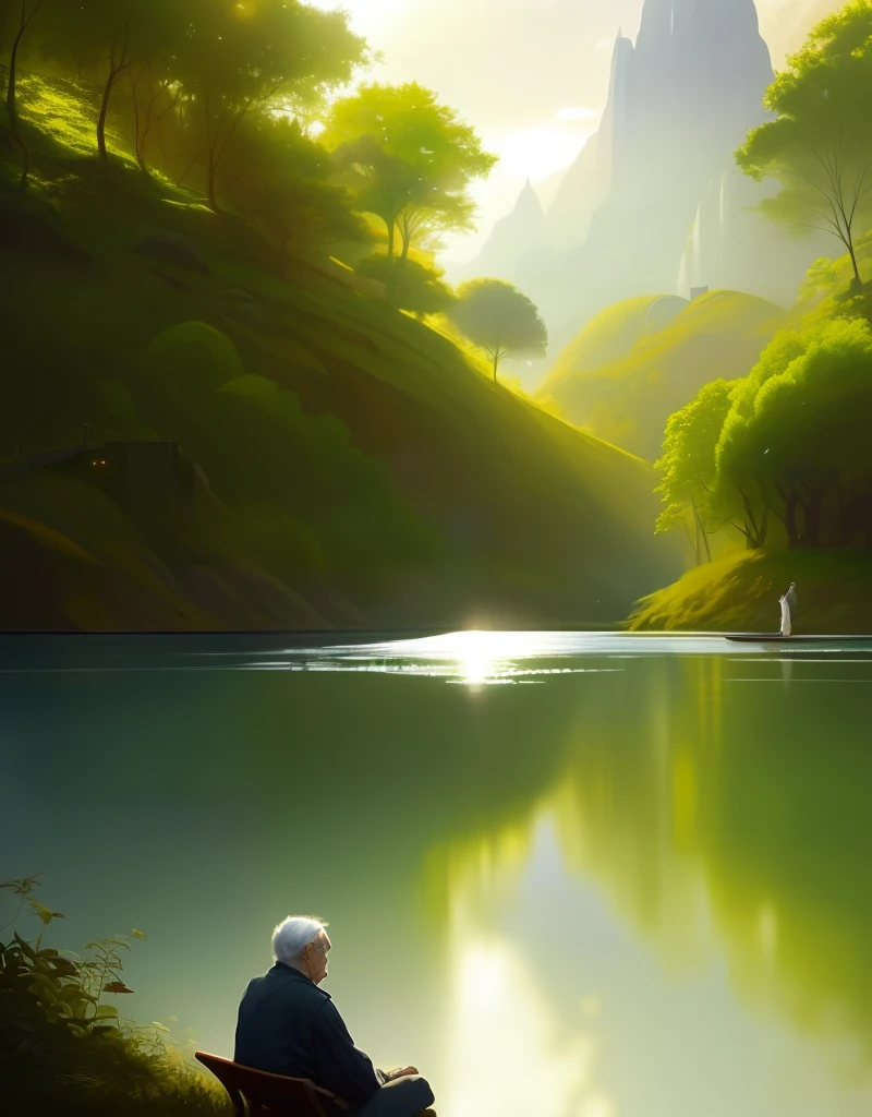 A photo of an old man in the 19th century in meditation in a beautiful and calm environment, river and many trees around, bela pintura com rosto altamente detalhado Por Greg Rutkowski e magali villanueve, Trends in the Arts Station, foco nítido, Studio photo, detalhes intrincados, altamente detalhados, Por Greg Rutkowski