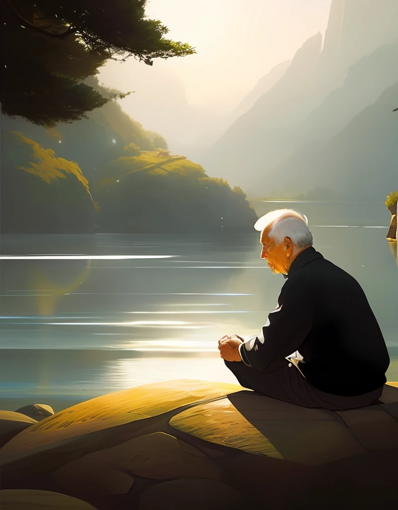 A photo of an old man in the 19th century in meditation in a beautiful and calm environment, river and many trees around, bela pintura com rosto altamente detalhado Por Greg Rutkowski e magali villanueve, Trends in the Arts Station, foco nítido, Studio photo, detalhes intrincados, altamente detalhados, Por Greg Rutkowski