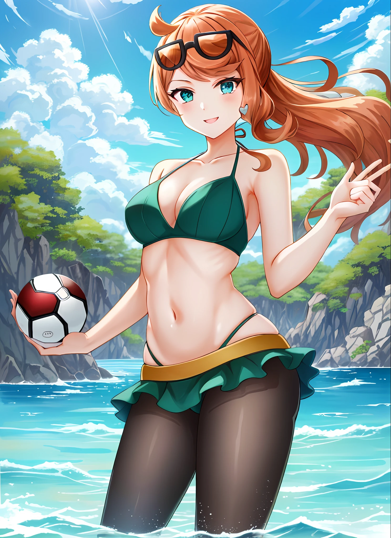 ((top-quality)), ((ighly detailed)), masterpiece, (detailedeyes, deep eye), (1girl in), cowboy shot, Sonia, orange color hair, side poneyTail, Heart Hair Ornament, aqua eyes, Eyewear on the head, A smile, The bikini, 鎖骨, Have a Pokémon Ball, at sea