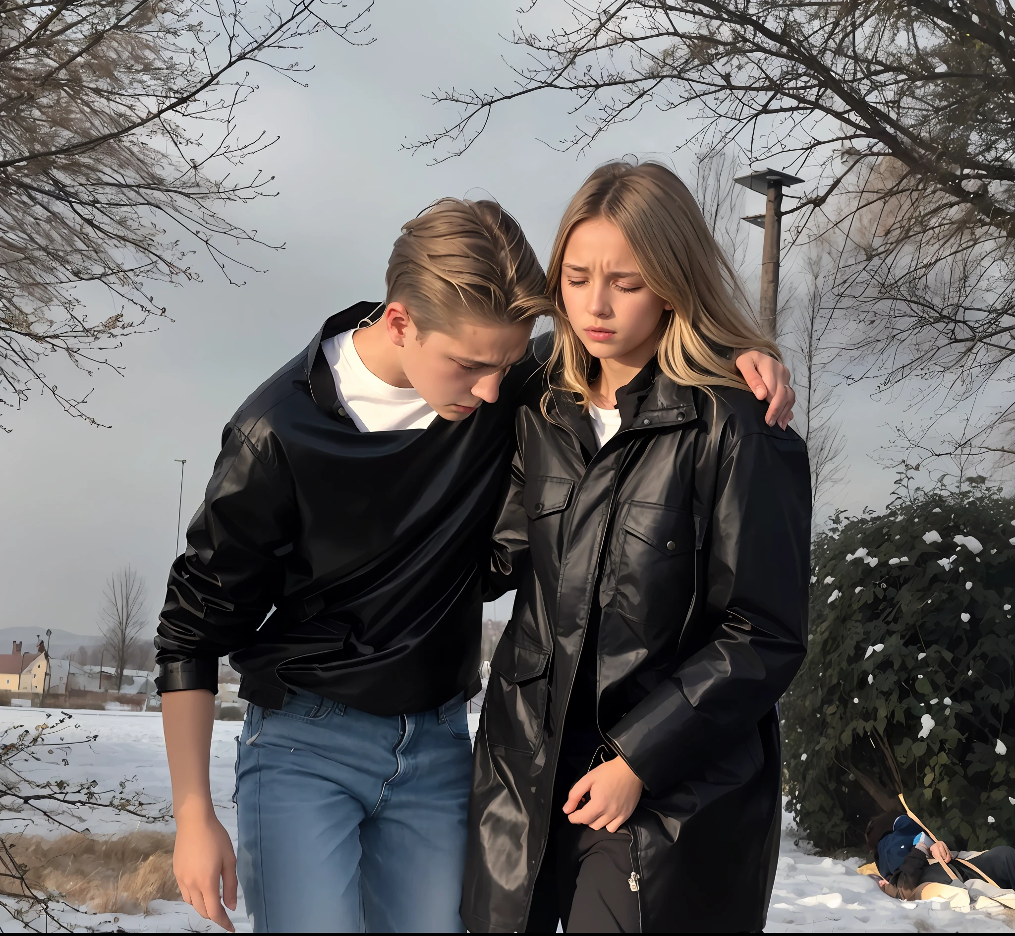 supporting

there is a young couple standing arm-in-arm, there is a longhaired attractive woman wearing a high-shine puffy jacket, a wetlook moncler jacket, a blond woman is crying with sorrow, a blond woman is holding an injured boy, there is a boy in jeans and a matte dark cotton-t-shirt hugging a blond woman in a very shiny padded laquered coat, a boy has a painful face and cannot walk, there is a blond girl giving support to an injured boy, a wounded boy cannot walk and has to be supported by a girl, a sad looking girl ia carrying a wounded boy, masterpiece, solo, russian woman, 20 years, clothed, jeans, boy in a cotton t- shirt, brown shoes, super detailed background, wheat field, detailed face, brown eyes, crying out, tears, desperation, pain, agony, accident pose, dramatic suffering pose, , hands detailed hands, fingers:5, brunette, full body and legs portrait, female in shiny black jacket, male boy in matte dark t-shirt