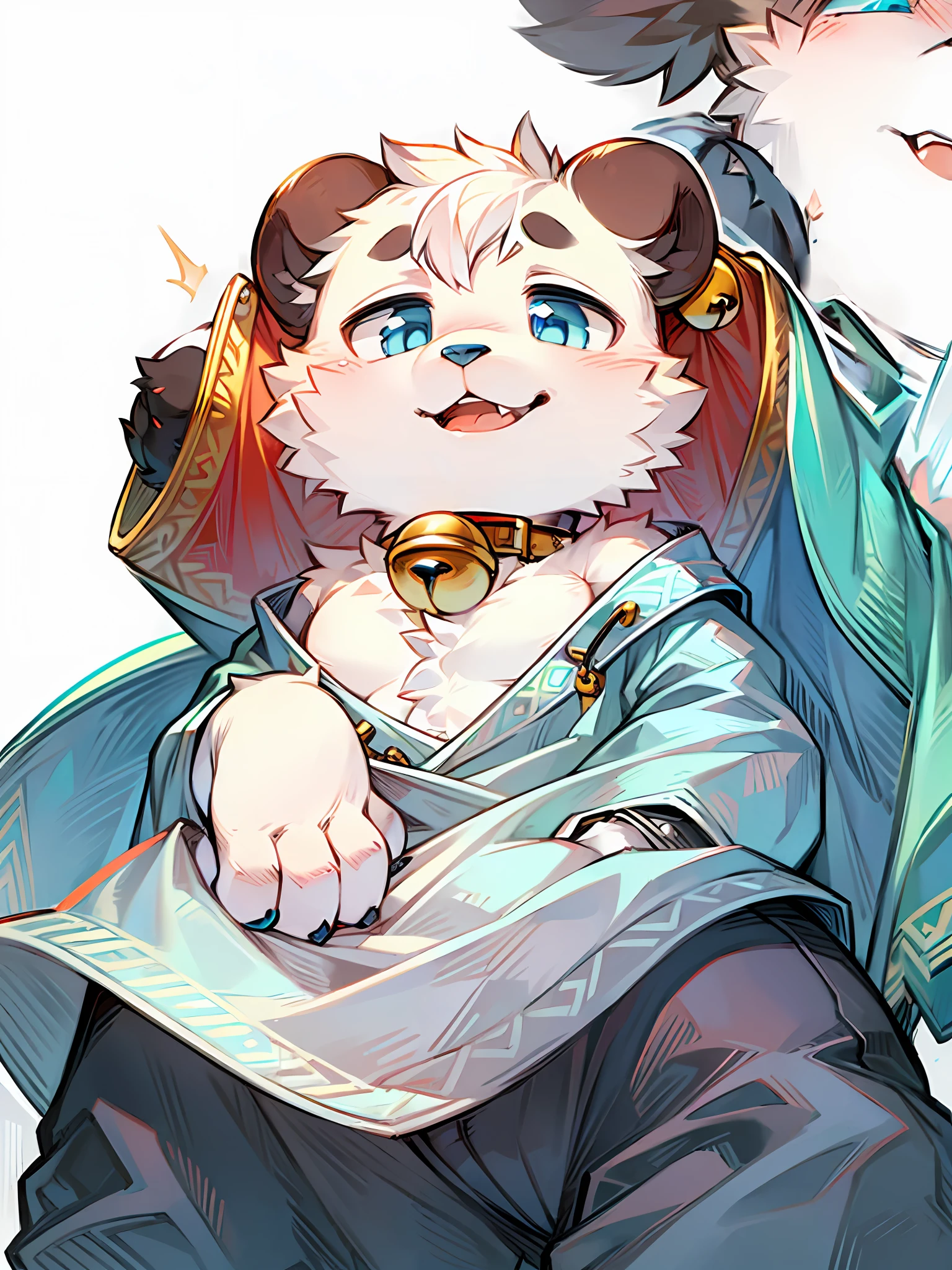 Fluffy fur,White fur,Full Body Furry,anthro male panda,eBlue eyes,eyes with brightness,Close-up of characters,(bell,Pet collars,baggy clothes