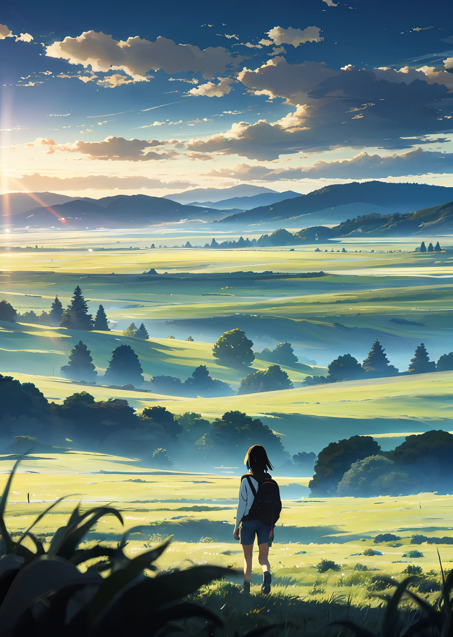 The vast sky, large grasslands, moving visual effects, colorful natural light, and a girl wearing a long-sleeved top and shorts with a backpack can be faintly seen in the distance in the middle of the meadow.