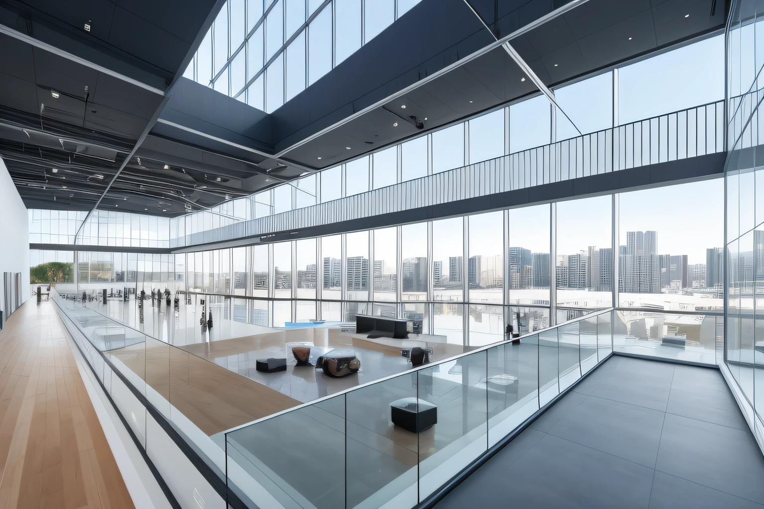 Modern digital showroom,Large space,Art exhibition hall,Three floors of interior space,Sunken space,stairways,Exhibition space,High building height,gallery,Dynamic screen,Simple view,an award winning masterpiece,The details are incredible,Huge exhibition space,Highly detailed architectural details,fashion magazine,fluency,Clear focus,8K,rendering by octane