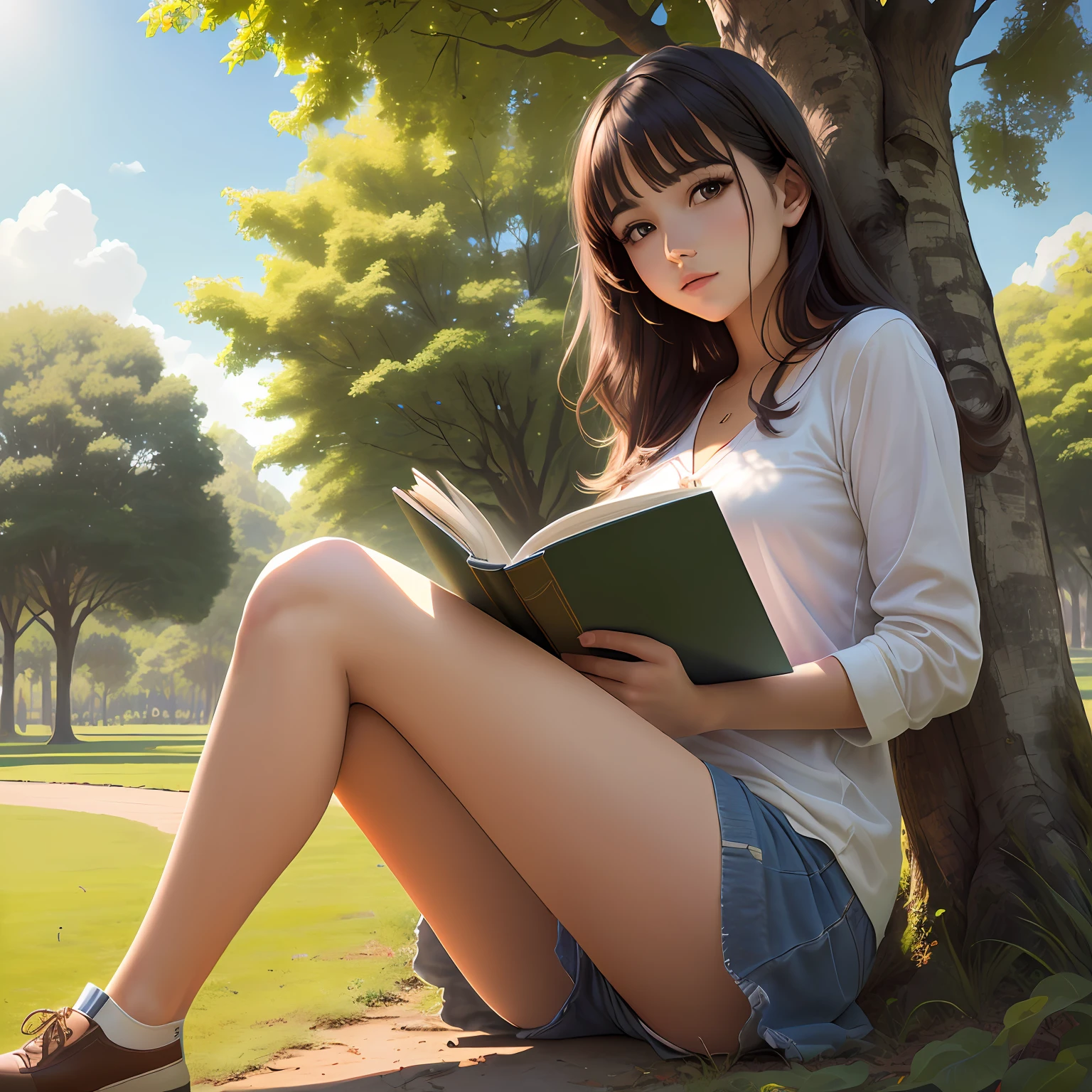 Girl sitting under a tree, lendo um livro, realista, HD, parque, flores, sol