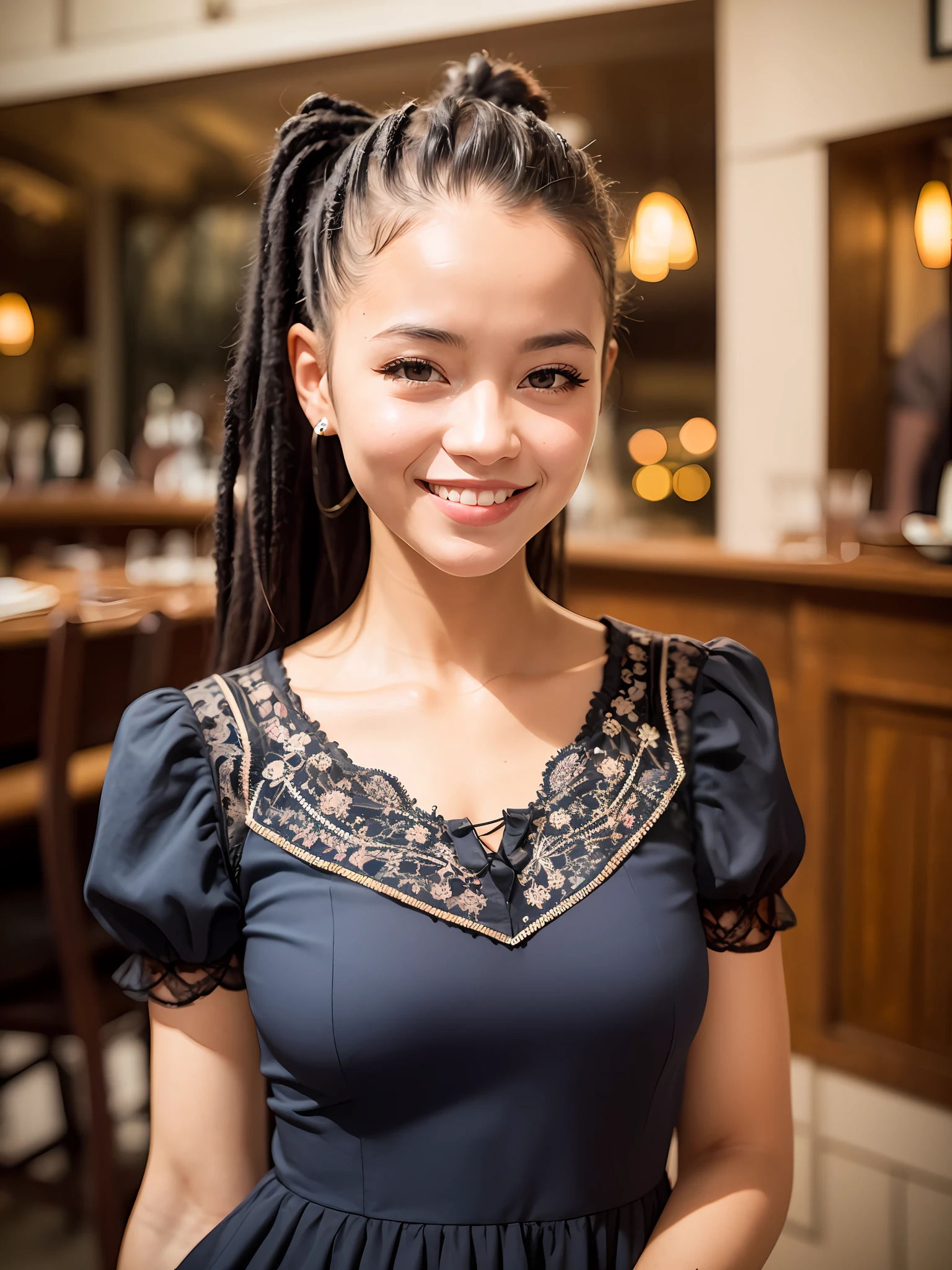 Portrait photo of black girl, smiling, tattoo, blue dread, (folk dress: 1.3), Ukrainian short dress, feminine features, insane details, intricate details, super detail, intricate background, medieval tavern, indoor