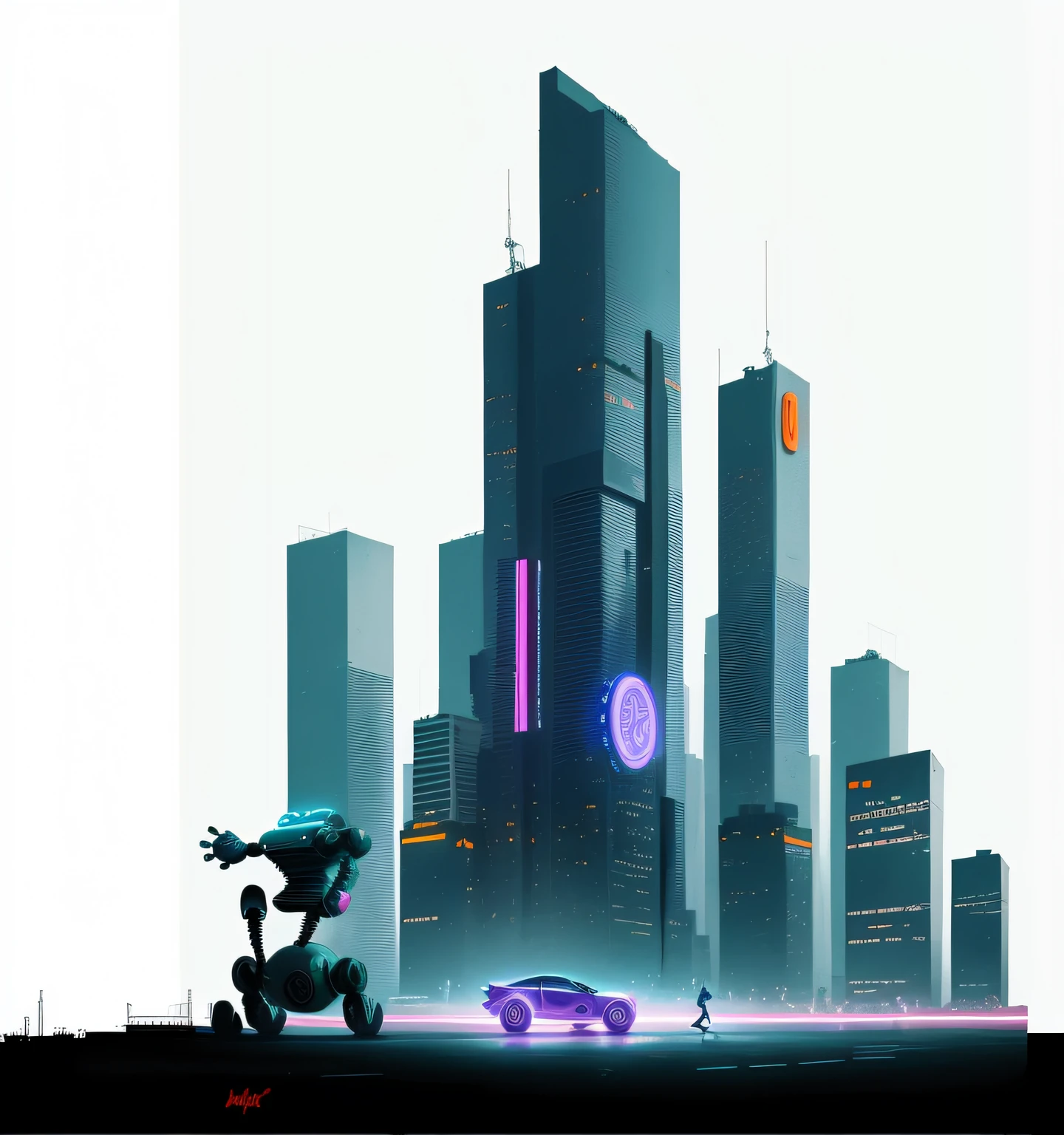 "robot saltando, estilo futurista, in an urban environment full of neon lights and towering skyscrapers."