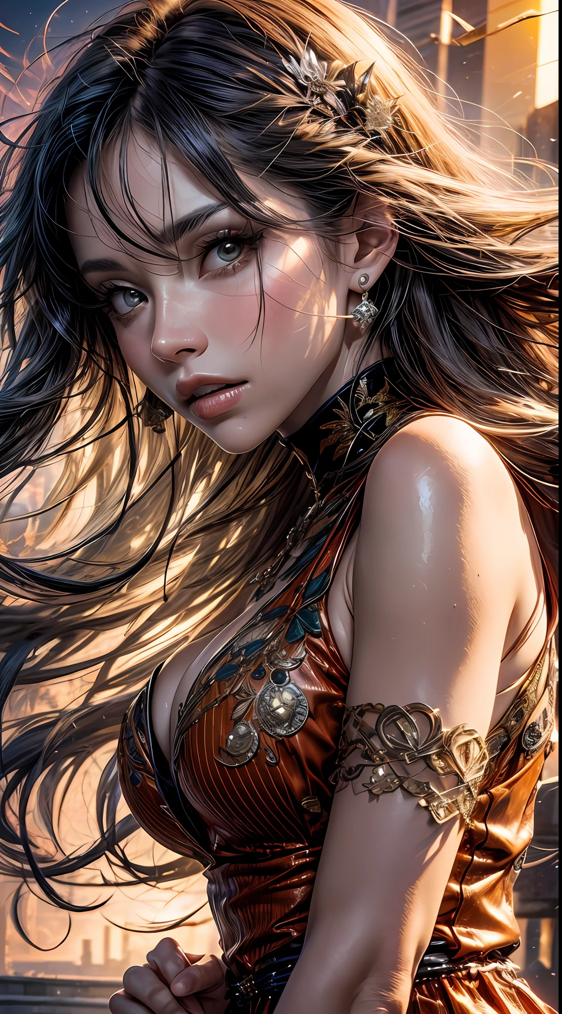 (4 imagens) 1 Garota de 18 anos, morena cabelos cacheados e curto, (vestido vermelho curto e transparente), Bottom-up angle , banhado em tons quentes de laranja, as if illuminated by the soft glow of a sunset, seus olhos brilhando de alegria e contentamento, framed by flowing strands of hair, fotografia, fotografada com uma lente de 35mm