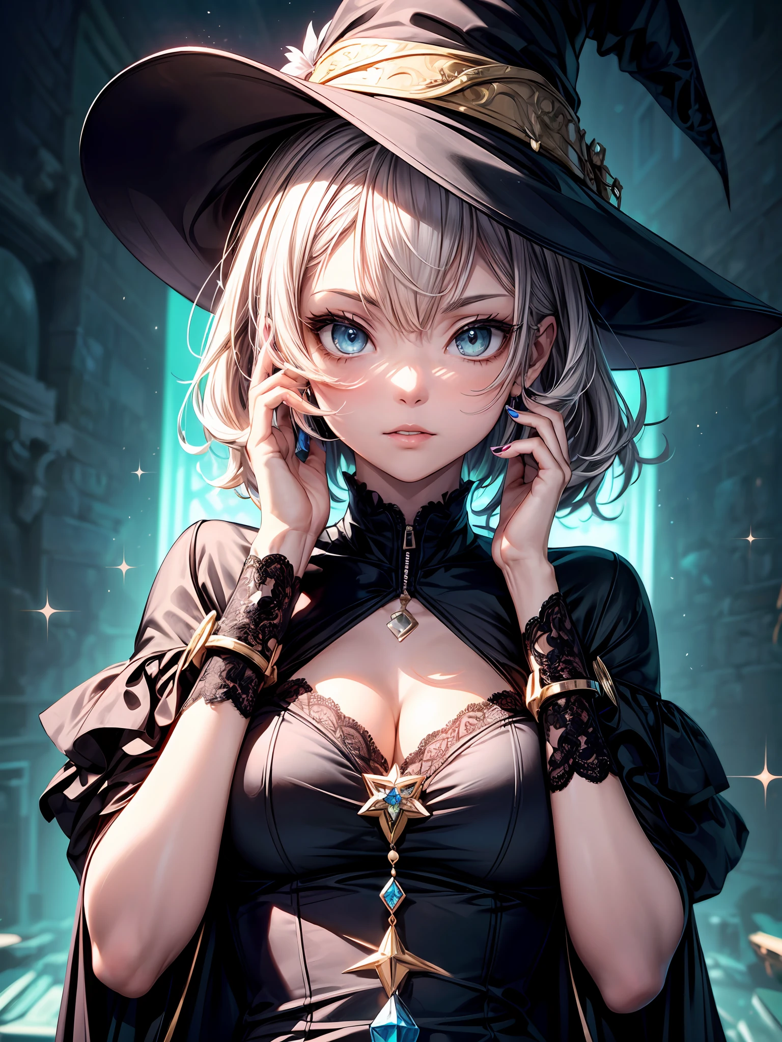 ((best quality)), ((master part)), ((detalhes altamente intrincados)),Beautiful, alta qualidade, Altas, absurdos, light difussion, detalhes intrincados, detalhes complexos, ((anime)), (anime:1.2) , (rosto perfeito:1.3), olhos extremamente detalhados, colorido, mais alto detalhado, cores vibrantes, alto contraste, (8k UHD:1.2), (fotorrealista:1.2),(master part:1.4), (best quality:1.4),papel de parede extremamente detalhado, highly detailed illustrations, (1 girl), (best ilumination) , (Detalhes supercomplexos) , 4K unificado, (CG super-detalhado: 1.2) , (8k: 1.2),(Original), (master part) , (best quality) , (realidade: 1.3) , fotorrealista, octane rendering, (surreal: 1.2) , 1girl, sozinho, kalap, unhas pretas, jewelries, Olhando para o Viewer, short hair, cabelos pretos, blue headwear, olhos amarelos, black lips, toupeira, retrato, gema, anel, vestir, propriedade, toupeira sob o olho, maquiagema, black headwear, renda, estrela \(simbol\), nail polish, witch hat, Luvas, batom, sorrir),